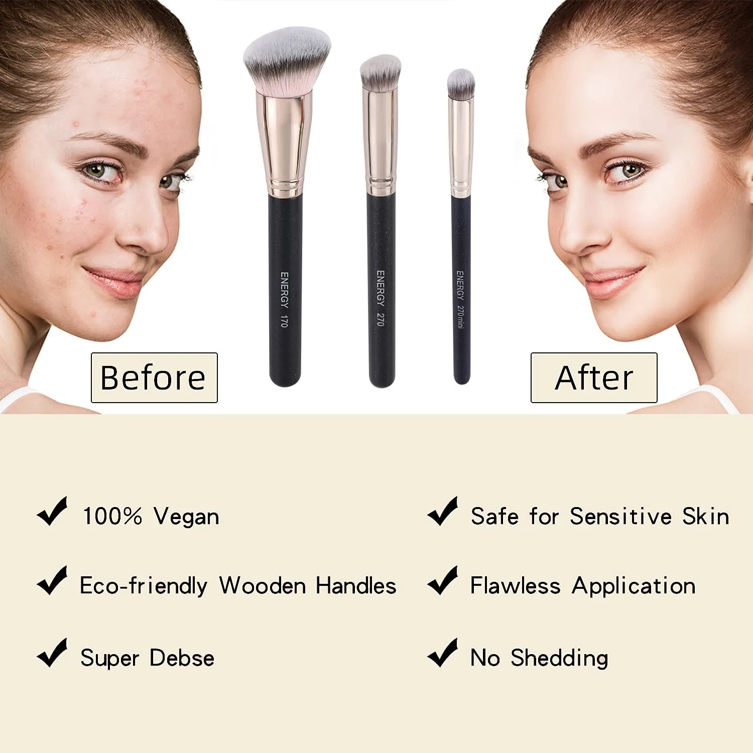 ENERGY Makeup Brushes Foundation Brushes for Liquid Makeup Professional Kabuki Foundation Brush Concealer Brush Under Eye Nose Contour Brush for Liquid Cream Powder Blending Buffing with Travel Case