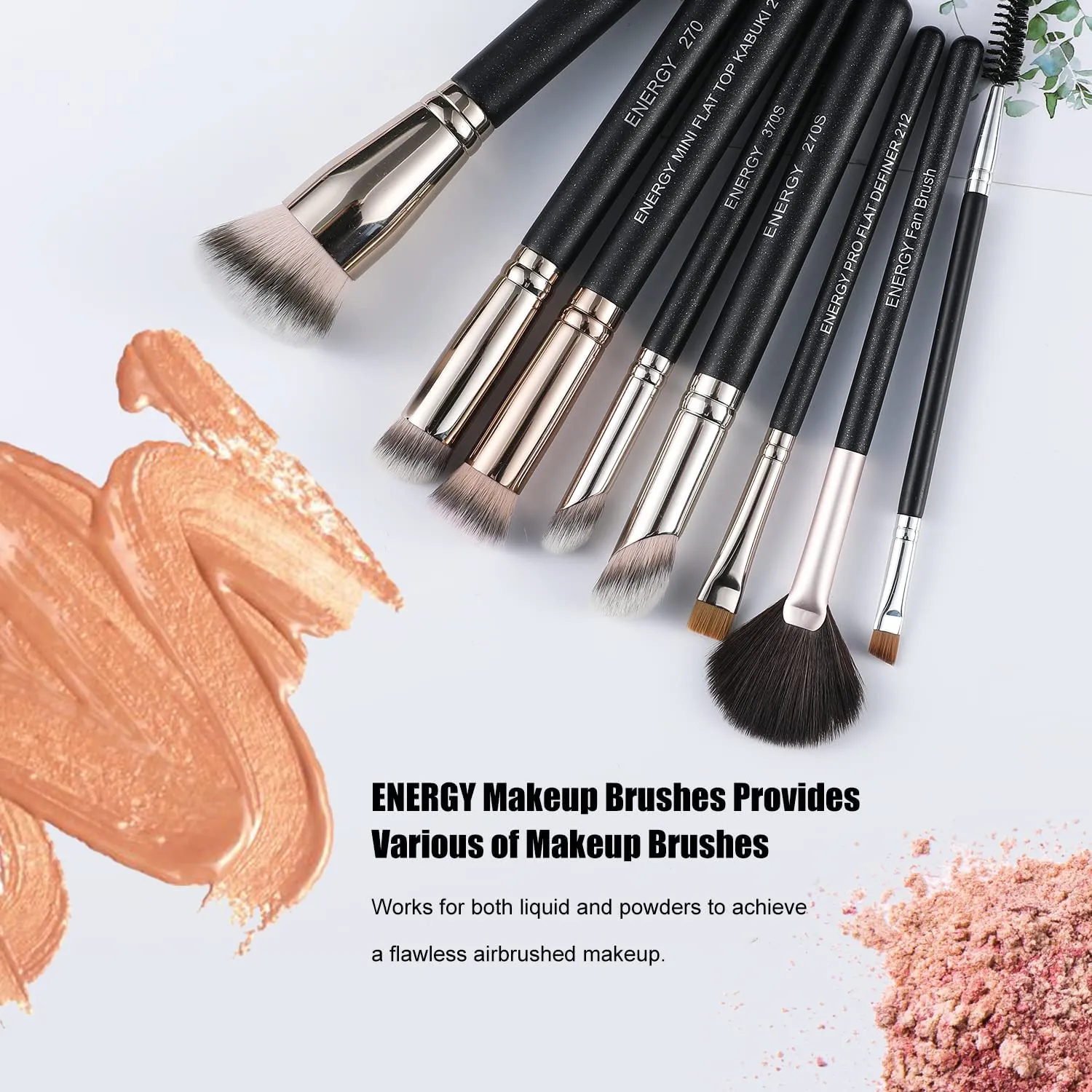 ENERGY Makeup Brushes Premium Synthetic Foundation Powder Concealers Eye Shadows Mascara Eyeliner Brow Fan Blush Makeup Brush Set with PU Cosmetic Bag,Professional Make Up Kit Black 8 Pcs
