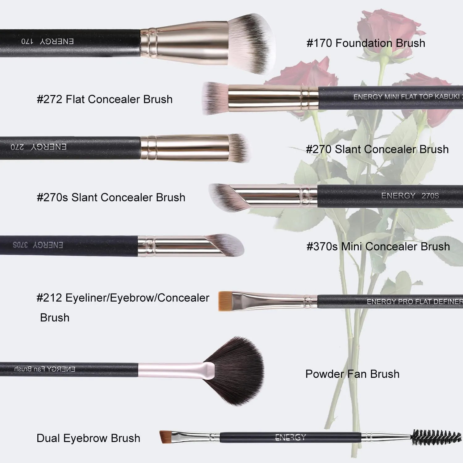 ENERGY Makeup Brushes Premium Synthetic Foundation Powder Concealers Eye Shadows Mascara Eyeliner Brow Fan Blush Makeup Brush Set with PU Cosmetic Bag,Professional Make Up Kit Black 8 Pcs