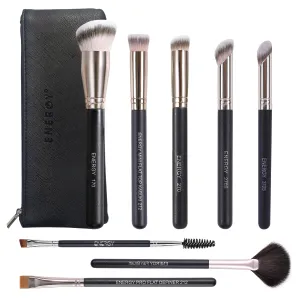 ENERGY Makeup Brushes Premium Synthetic Foundation Powder Concealers Eye Shadows Mascara Eyeliner Brow Fan Blush Makeup Brush Set with PU Cosmetic Bag,Professional Make Up Kit Black 8 Pcs