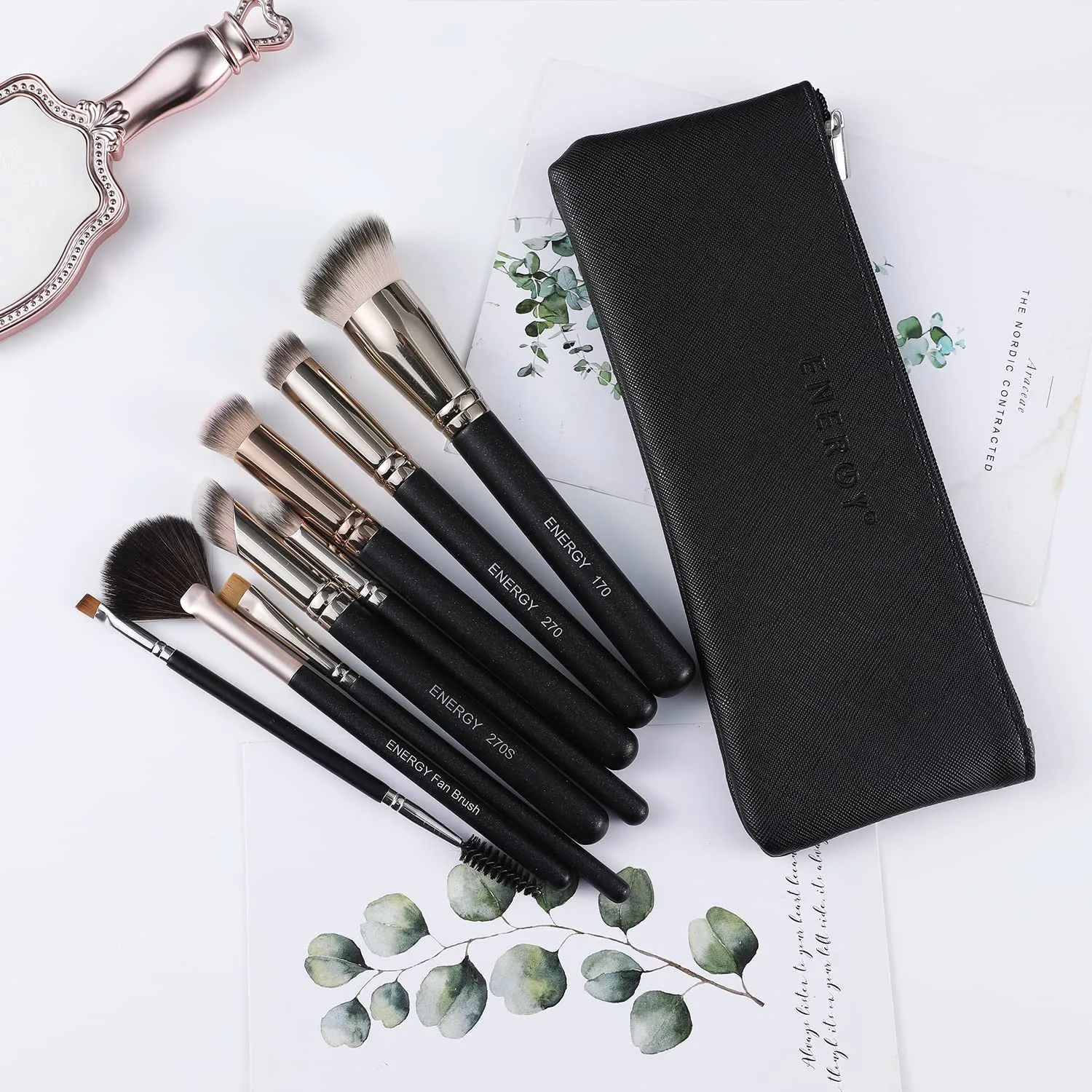 ENERGY Makeup Brushes Premium Synthetic Foundation Powder Concealers Eye Shadows Mascara Eyeliner Brow Fan Blush Makeup Brush Set with PU Cosmetic Bag,Professional Make Up Kit Black 8 Pcs