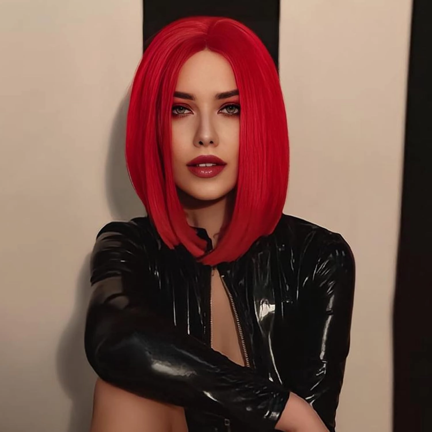 ENTRANCED STYLES Red Wig Synthetic Straight Hair Middle Part Wig Shoulder Length Bob Wigs for Women Colorful Bob Wigs for Party & Cosplay Use