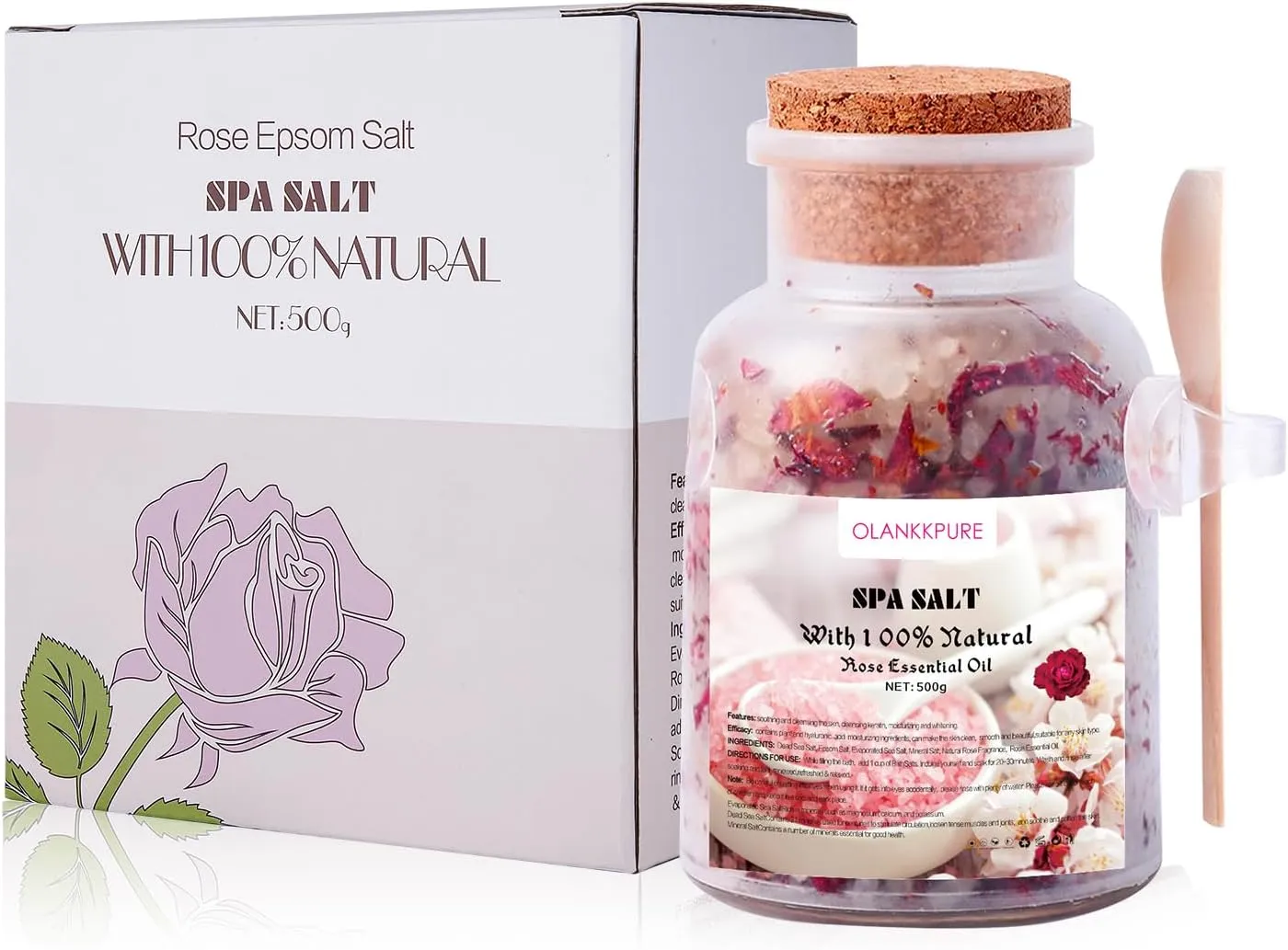 Epsom Salt with Rose Petals 500g,Bath Salts 100% Natural Aromatherapy -Rose Essential Oil Bath Salts