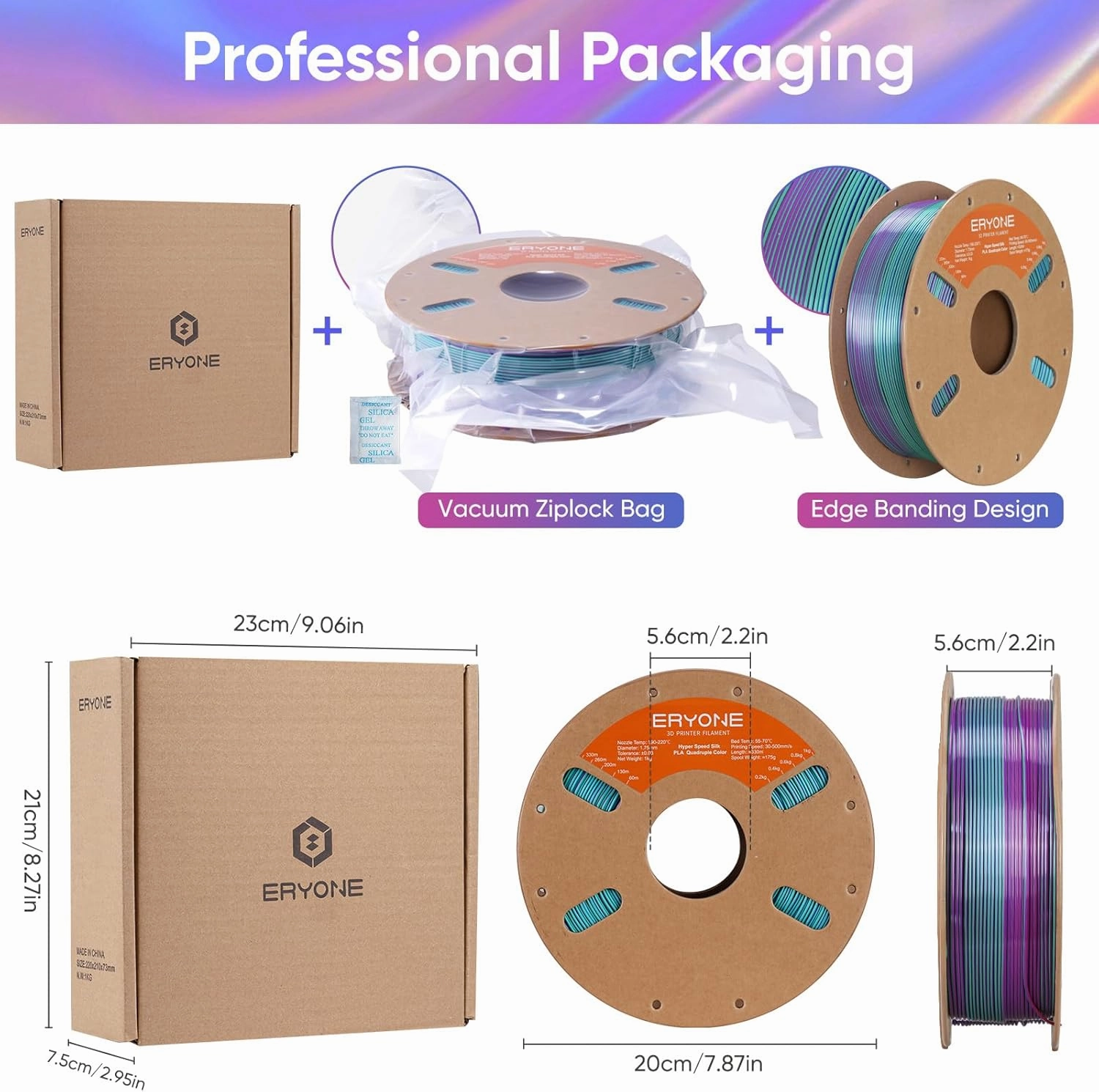 ERYONE HS Silk Quadruple Color PLA Filament 3D Printer 1.75mm  /- 0.03mm, Hyper Speed Coextrusion Filament PLA Shiny 1kg, Aurora Dream (Teal Green & Violet & Electric Pink & Indigo)