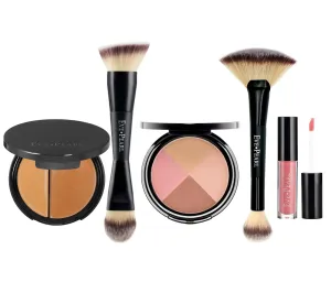 EVE PEARL 5 Pcs Flawless Face, Contour, Brushes and Lip Collection Highlighter Makeup Complete Set of Foundation Full Covarage Blush Lipstick with Professional Brushes (Dark)