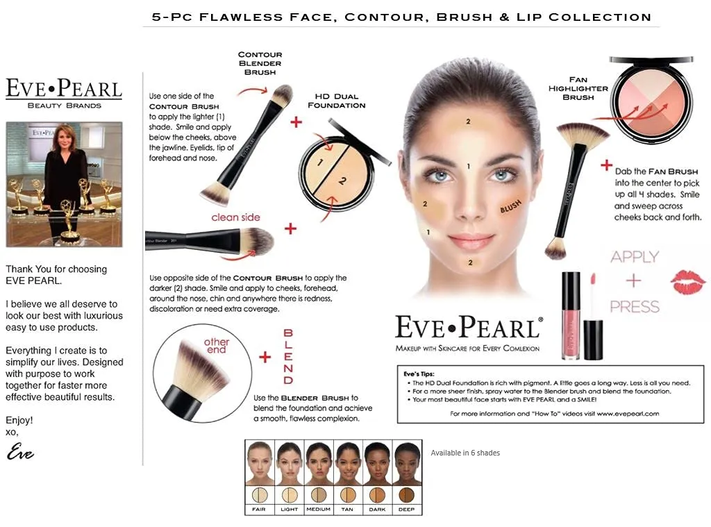 EVE PEARL 5 Pcs Flawless Face, Contour, Brushes and Lip Collection Highlighter Makeup Complete Set of Foundation Full Covarage Blush Lipstick with Professional Brushes (Fair)