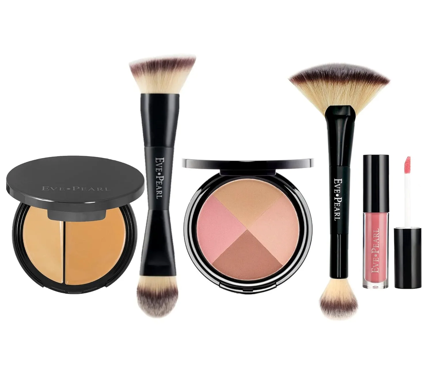EVE PEARL 5 Pcs Flawless Face, Contour, Brushes and Lip Collection Highlighter Makeup Complete Set of Foundation Full Covarage Blush Lipstick with Professional Brushes (Tan)