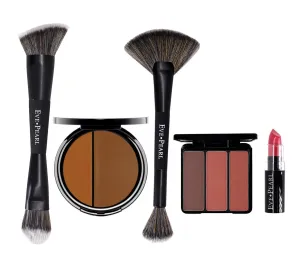 EVE PEARL 5 Pcs Set of Full Coverage Face, Cheek And Lip Collection Skin Care Makeup Complete Set of Foundation Blush Lipstick with Professional Brushes (Deep)