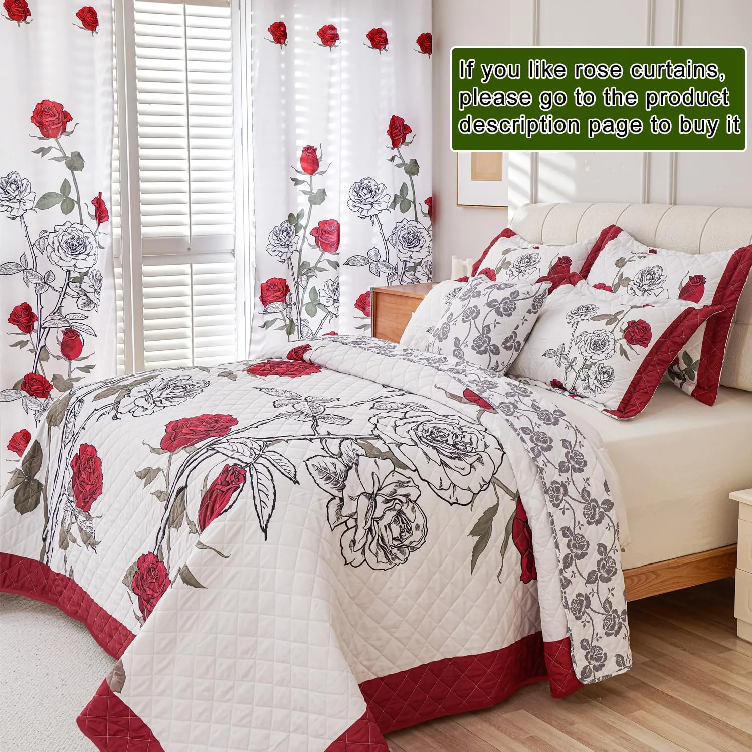 EVENHUG Quilt King Size Red Rose Bedding Set Floral Bedspread Lightweight Reversible Bed Cover with 2 Pillow Shams for All Seasons 3 Pieces (106"X96")