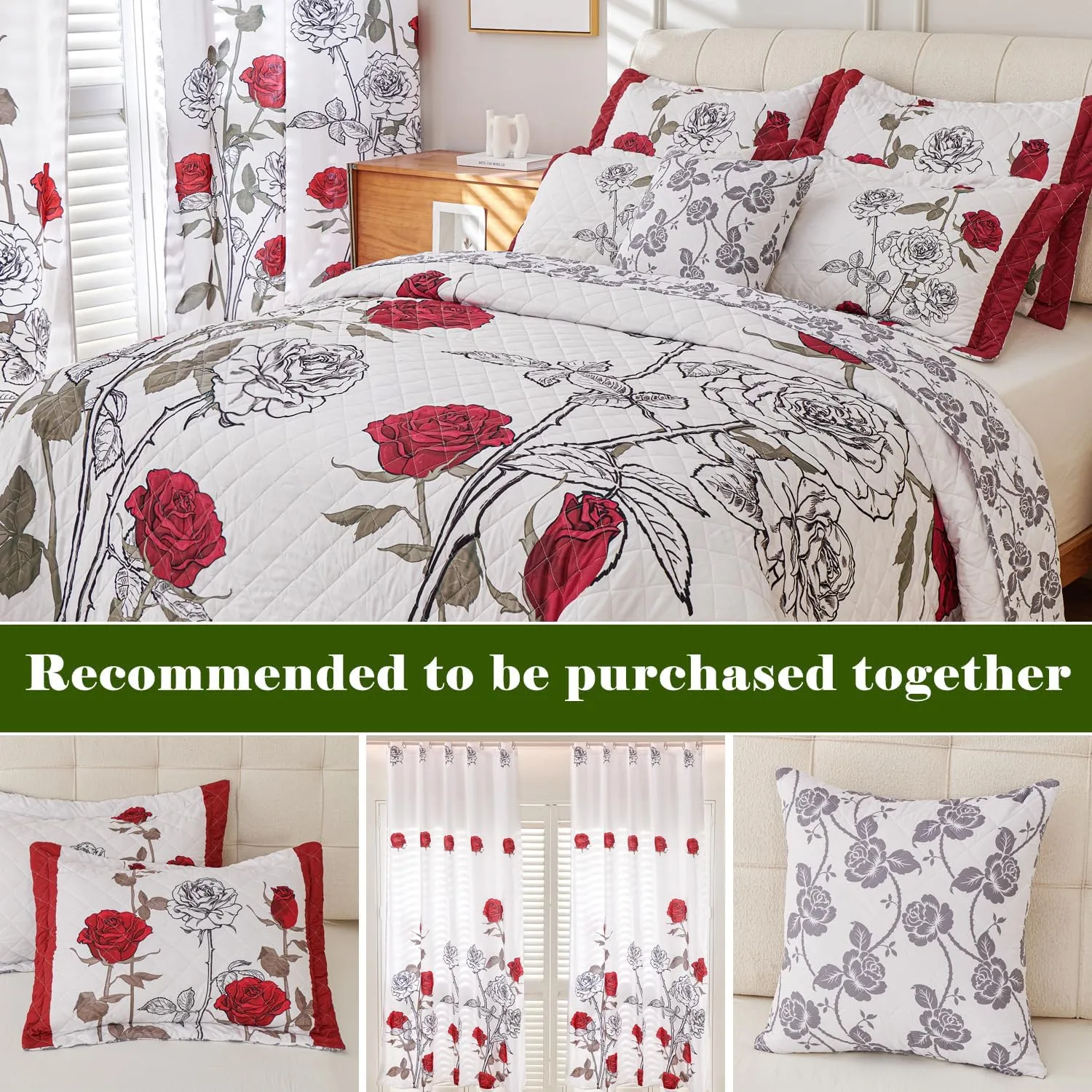 EVENHUG Quilt King Size Red Rose Bedding Set Floral Bedspread Lightweight Reversible Bed Cover with 2 Pillow Shams for All Seasons 3 Pieces (106"X96")
