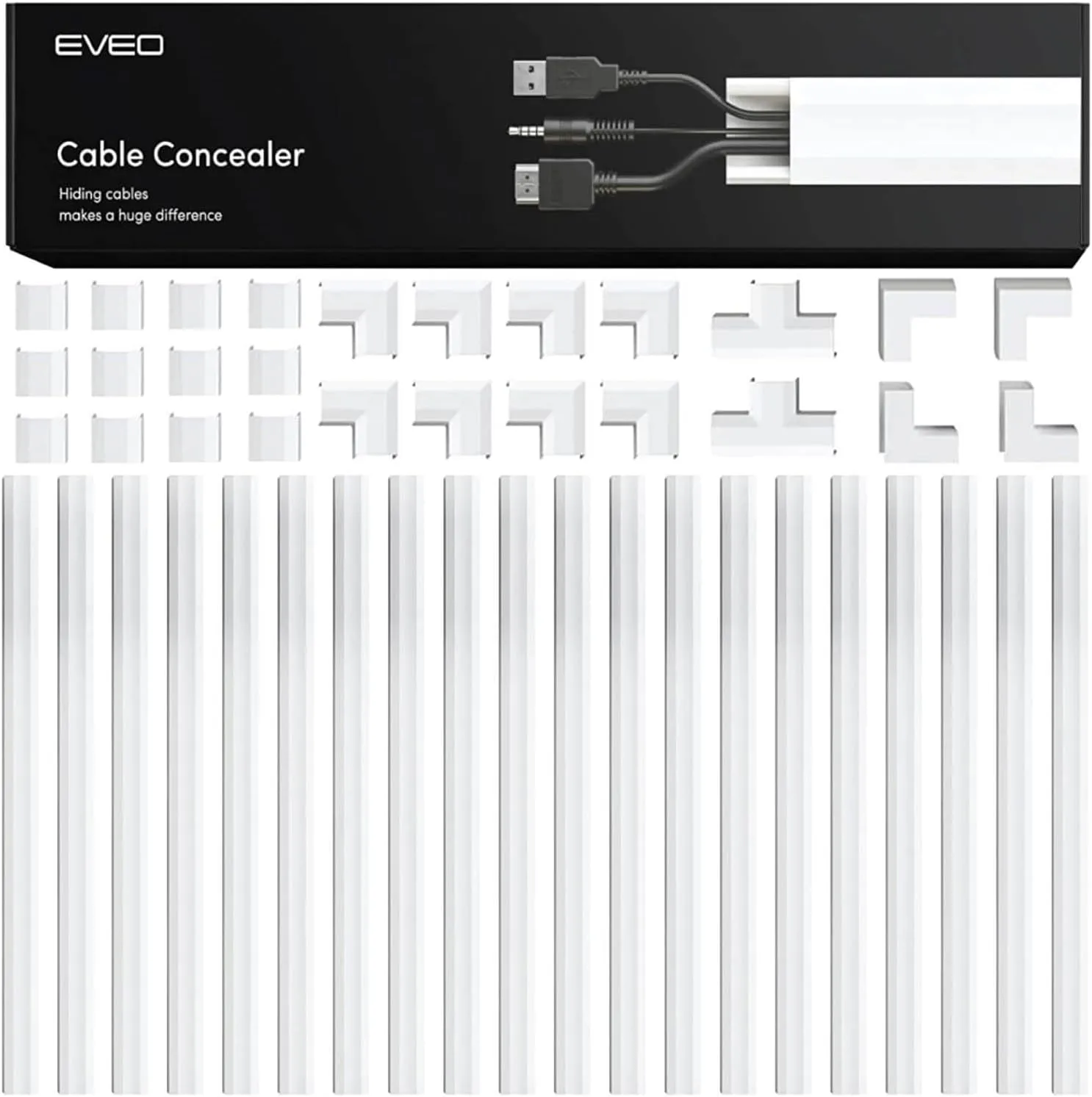 EVEO Cord Hider - 300” Cord Cover Wall Cable Hider, Cable Concealer, Wire Hiders for TV on Wall. Cable Management, Cord Hider Cable Raceway Wire Covers for Cords -18X (L17 W0.95 H0.5) - Medium - White