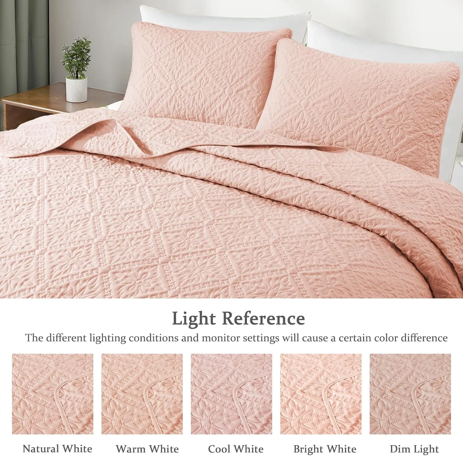 Exclusivo Mezcla King Quilt Bedding Set, Lightweight Soft Bedspreads Coverlets with 2 Pillow Shams, Modern Blush Pink Oversized Quilts King Size for All Seasons