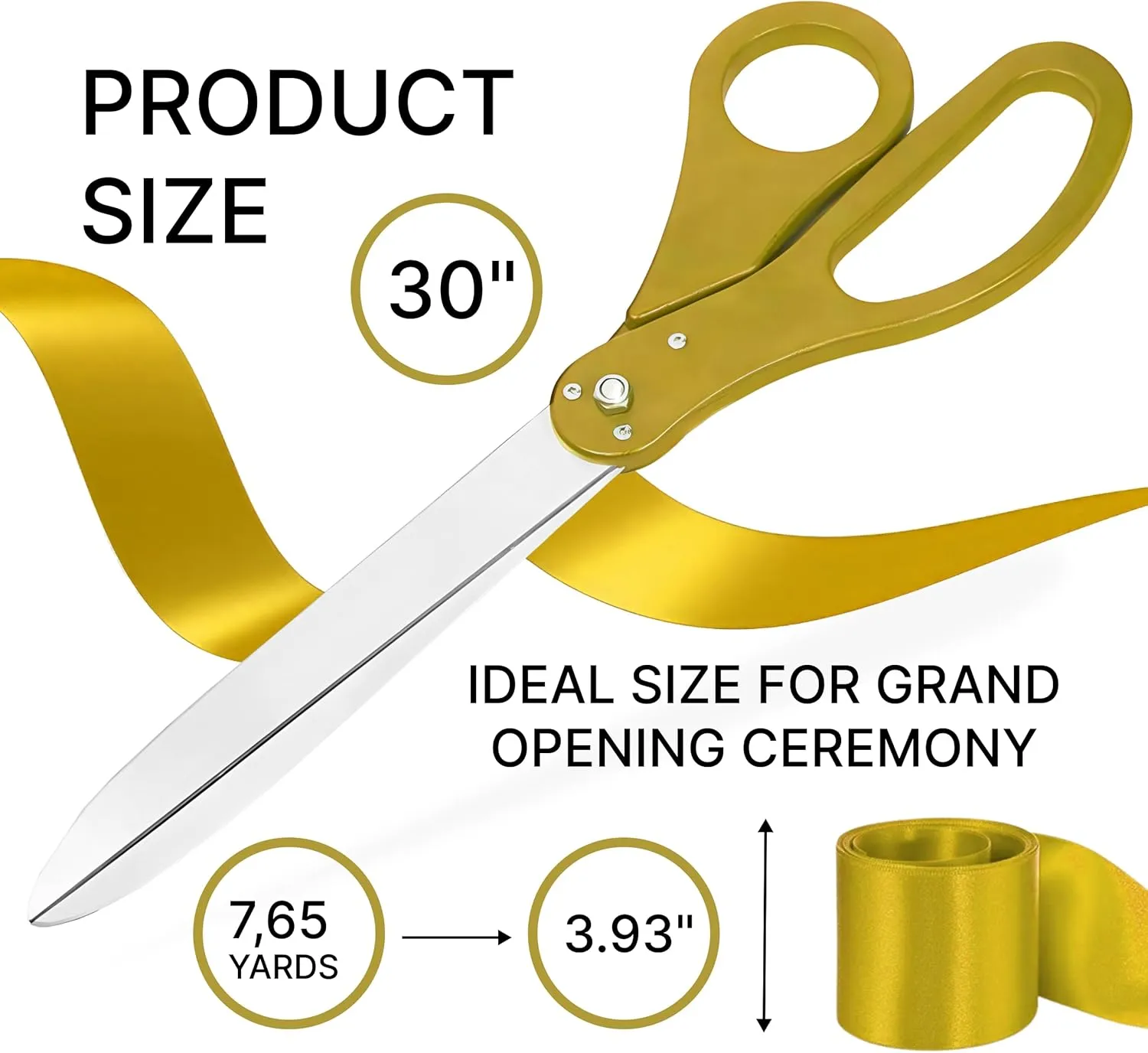 Extra Large Grand Opening Ceremony Kit – 30 Inch Gold Ceremonial Scissors for Ribbon Cutting and Golden Satin Ribbon 7.65 YD for Special Event Giant Scissors Gold for Inauguration and Ceremony