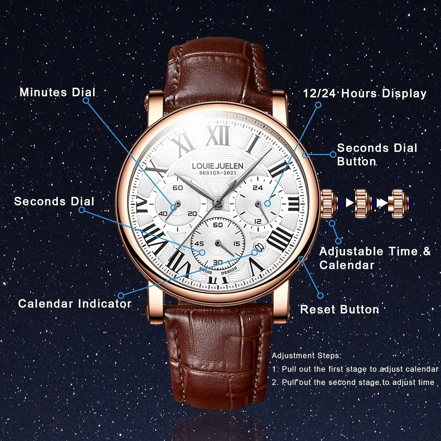 eYotto Men's Stylish Business Watch, Multifunction Quartz Movement Chronograph Roman Numerals Analog Calendar Date Waterproof Leather Band Wristwatch, Formal Casual Dress Gift Watch for Men