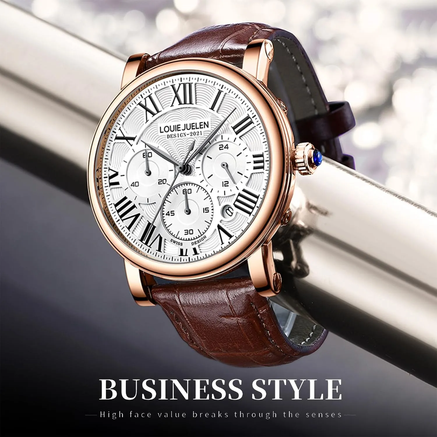 eYotto Men's Stylish Business Watch, Multifunction Quartz Movement Chronograph Roman Numerals Analog Calendar Date Waterproof Leather Band Wristwatch, Formal Casual Dress Gift Watch for Men