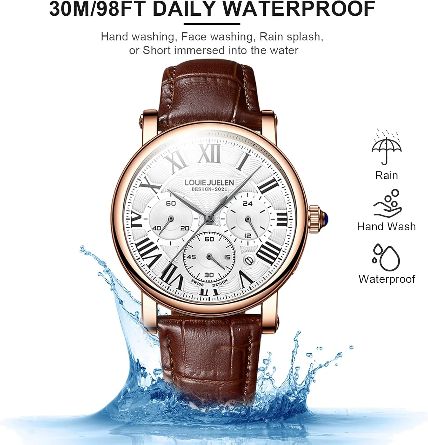 eYotto Men's Stylish Business Watch, Multifunction Quartz Movement Chronograph Roman Numerals Analog Calendar Date Waterproof Leather Band Wristwatch, Formal Casual Dress Gift Watch for Men