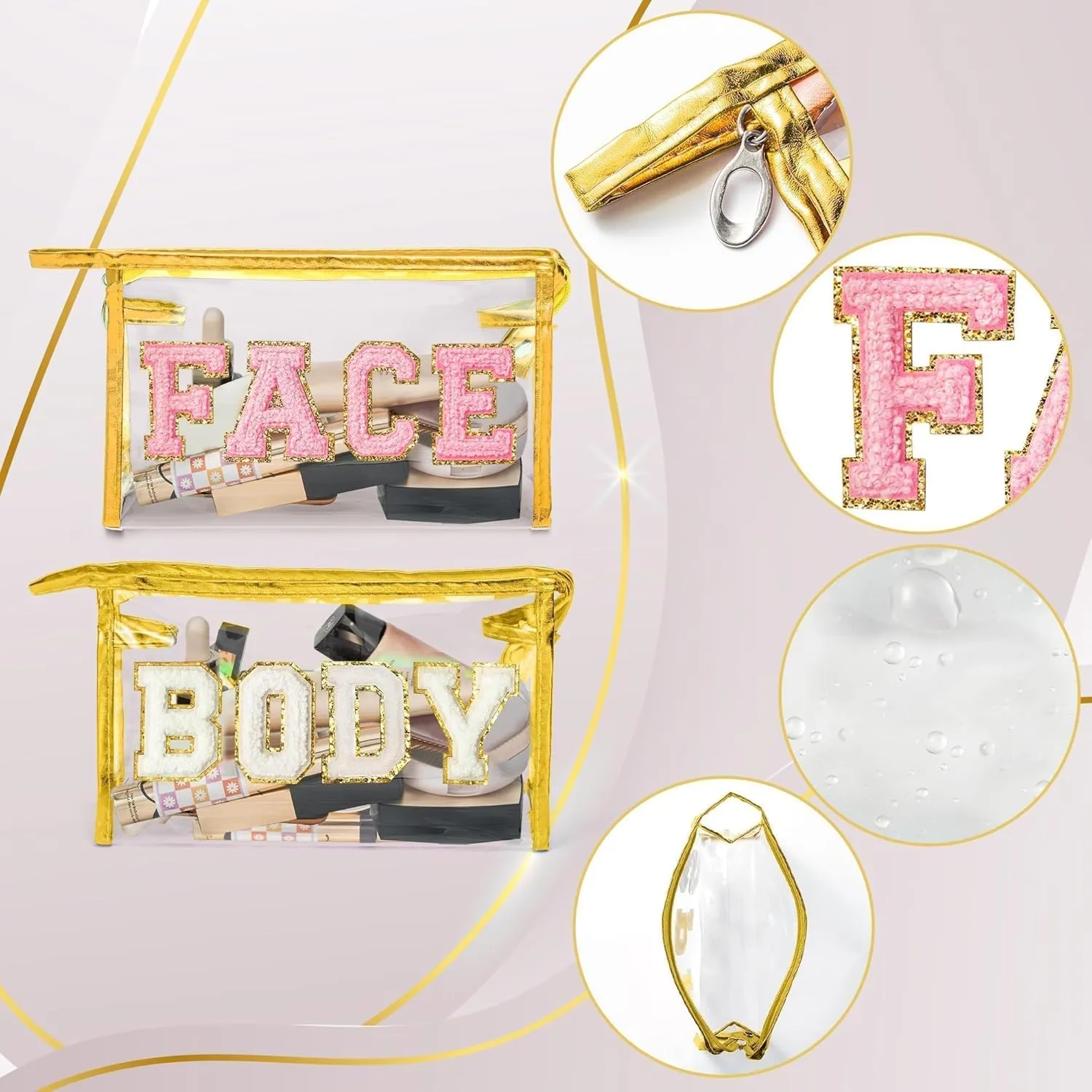 EZdhuawuse Clear Travel Toiletry Bag - 2Pcs FACE BODY Transparent Makeup Bag Large Capacity Gold Travel Pouch Waterproof Cosmetic Bag Clear Letterst Sunscreen Bag Travel Accessories for Women Girls