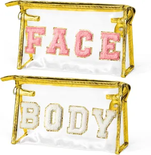 EZdhuawuse Clear Travel Toiletry Bag - 2Pcs FACE BODY Transparent Makeup Bag Large Capacity Gold Travel Pouch Waterproof Cosmetic Bag Clear Letterst Sunscreen Bag Travel Accessories for Women Girls