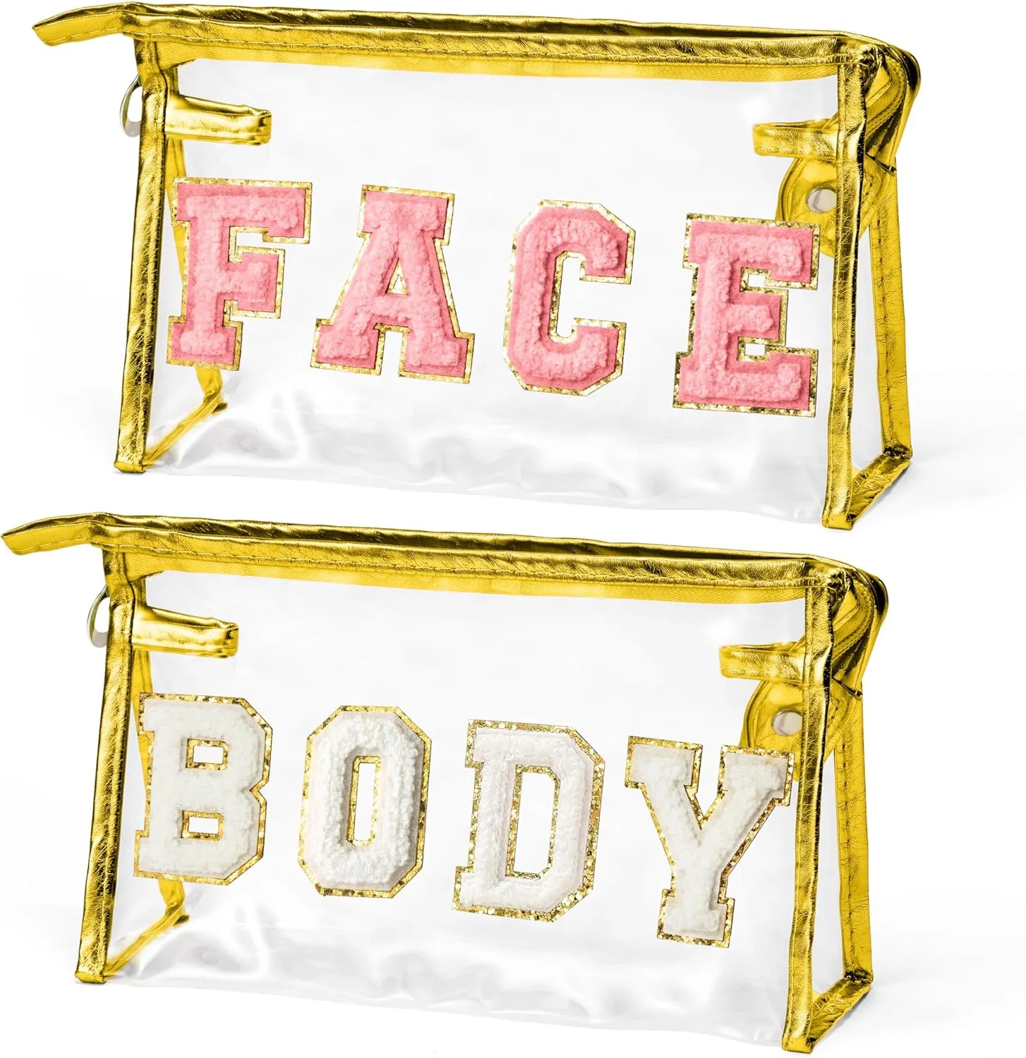 EZdhuawuse Clear Travel Toiletry Bag - 2Pcs FACE BODY Transparent Makeup Bag Large Capacity Gold Travel Pouch Waterproof Cosmetic Bag Clear Letterst Sunscreen Bag Travel Accessories for Women Girls