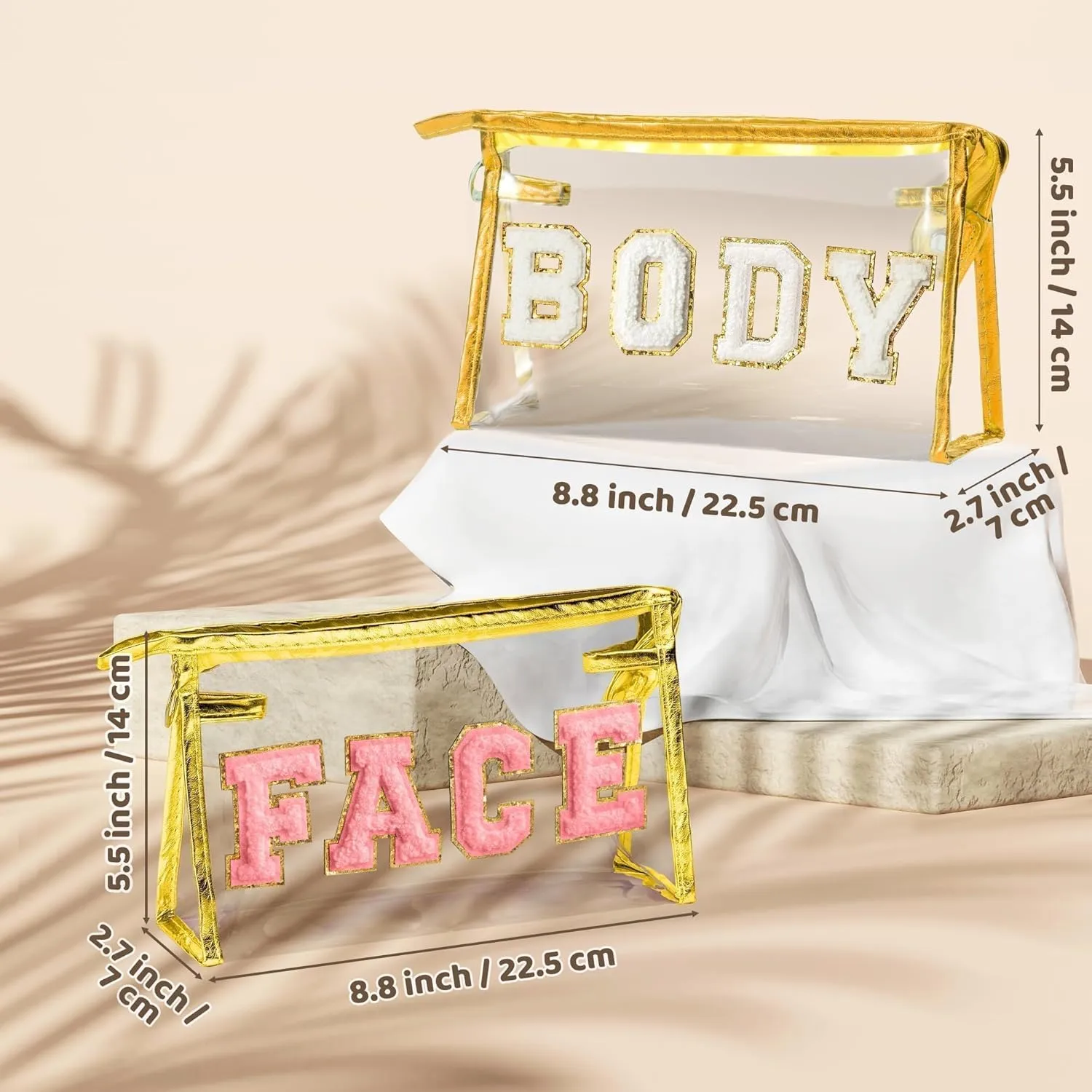EZdhuawuse Clear Travel Toiletry Bag - 2Pcs FACE BODY Transparent Makeup Bag Large Capacity Gold Travel Pouch Waterproof Cosmetic Bag Clear Letterst Sunscreen Bag Travel Accessories for Women Girls