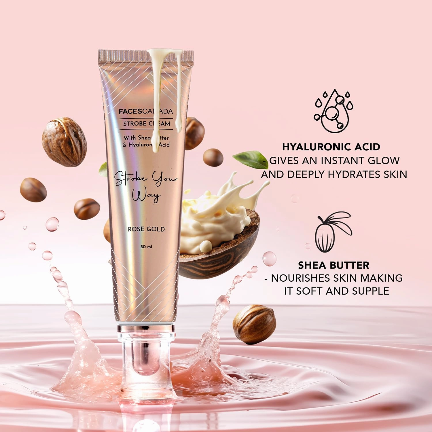 FACE'S CANADA Strobe Cream Primer, Hyaluronic Acid & Moisturizer Shea Butter, Highlighter Intense Hydration Flawless Radiant Dewy Skin For Illuminating & Glowing Makeup Base, 30g (1.05 Oz) - Pink
