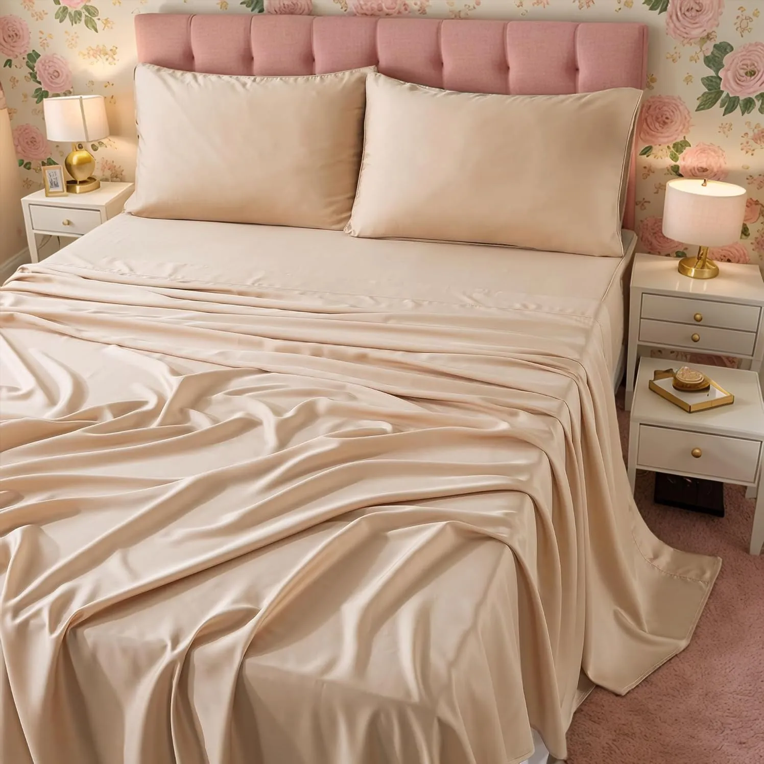 FADFAY Bed Sheets Set Cal King Size Champagne Gold Sheet Luxury Lyocell Tencel 600 TC Soft Silky Deep Pocket Sheets 17.5'' 4 Pcs, Cal King