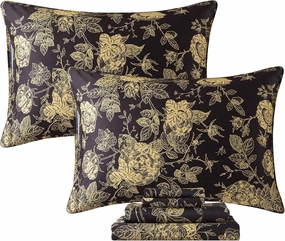 FADFAY Rose Sheets Set Queen Vintage Black Gold Floral Bedding Shabby Peony Botanical Sheets Luxury Farmhouse Bedding 800 Thread Count 100% Egyptian Cotton Deep Pocket Fitted Sheet 4Pcs, Queen Size