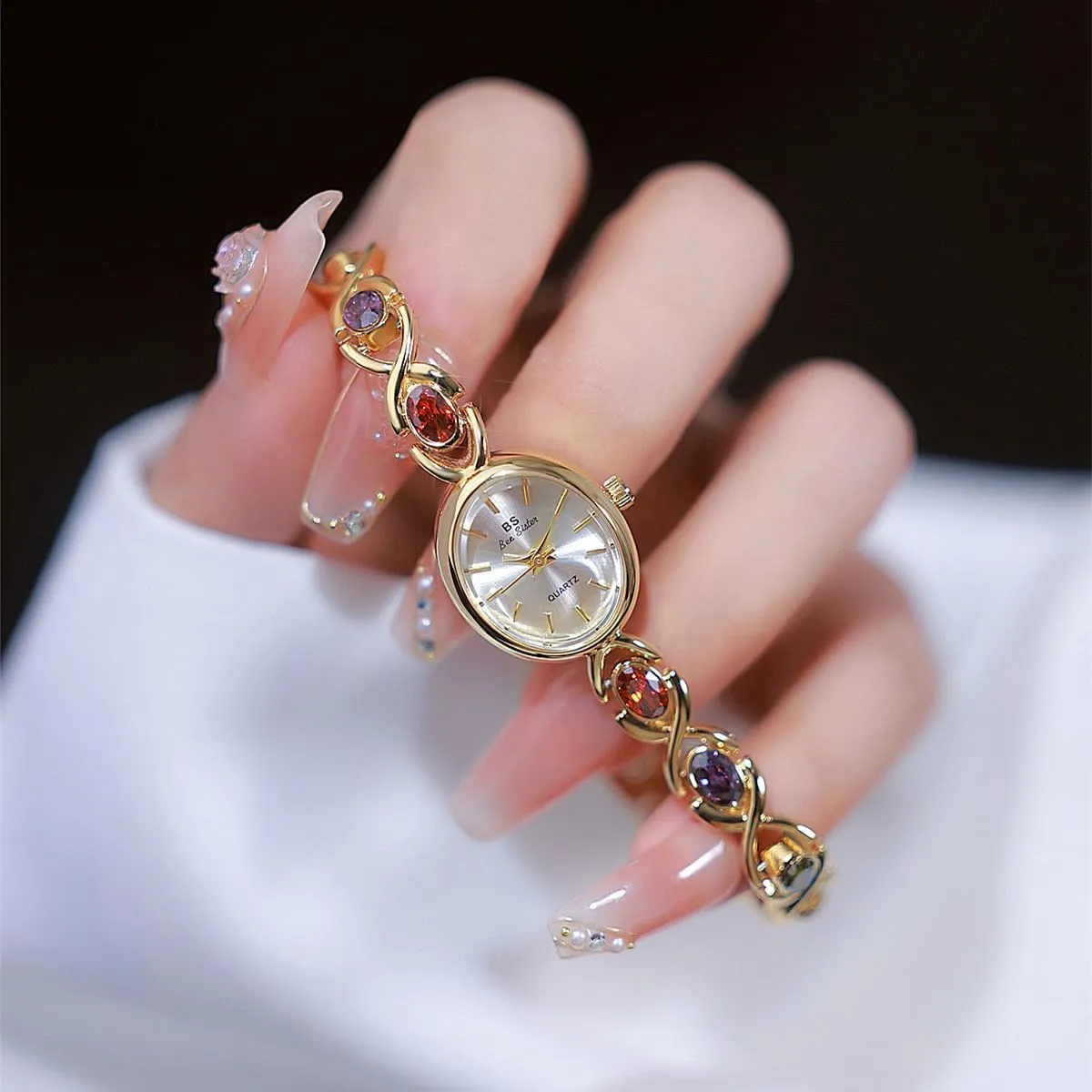 FANMIS Gold Tone Watches for Women with Small Vintage Bracelet Elegant Jade Oval Dial Dress Watch Fashion Quartz Wrist Watch Waterproof Watch