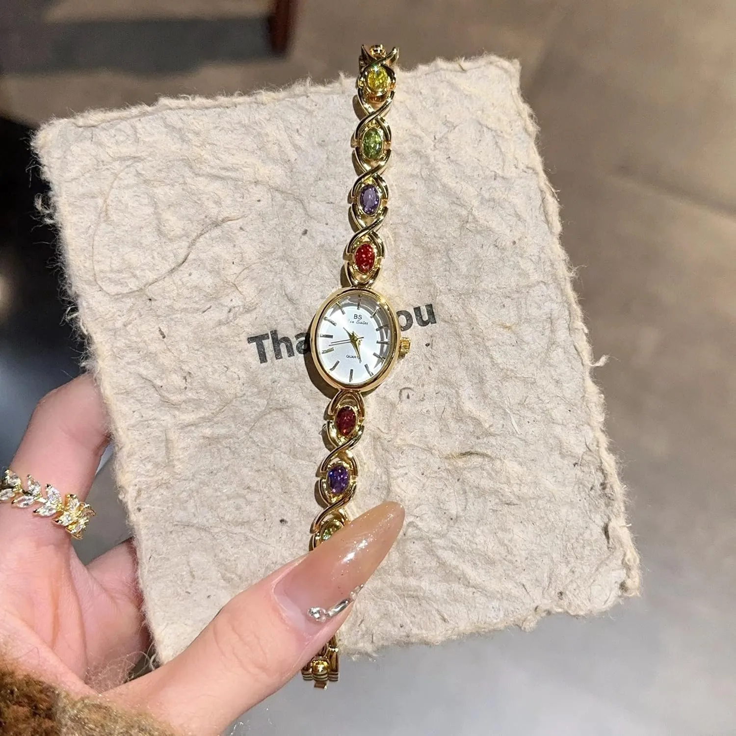 FANMIS Gold Tone Watches for Women with Small Vintage Bracelet Elegant Jade Oval Dial Dress Watch Fashion Quartz Wrist Watch Waterproof Watch