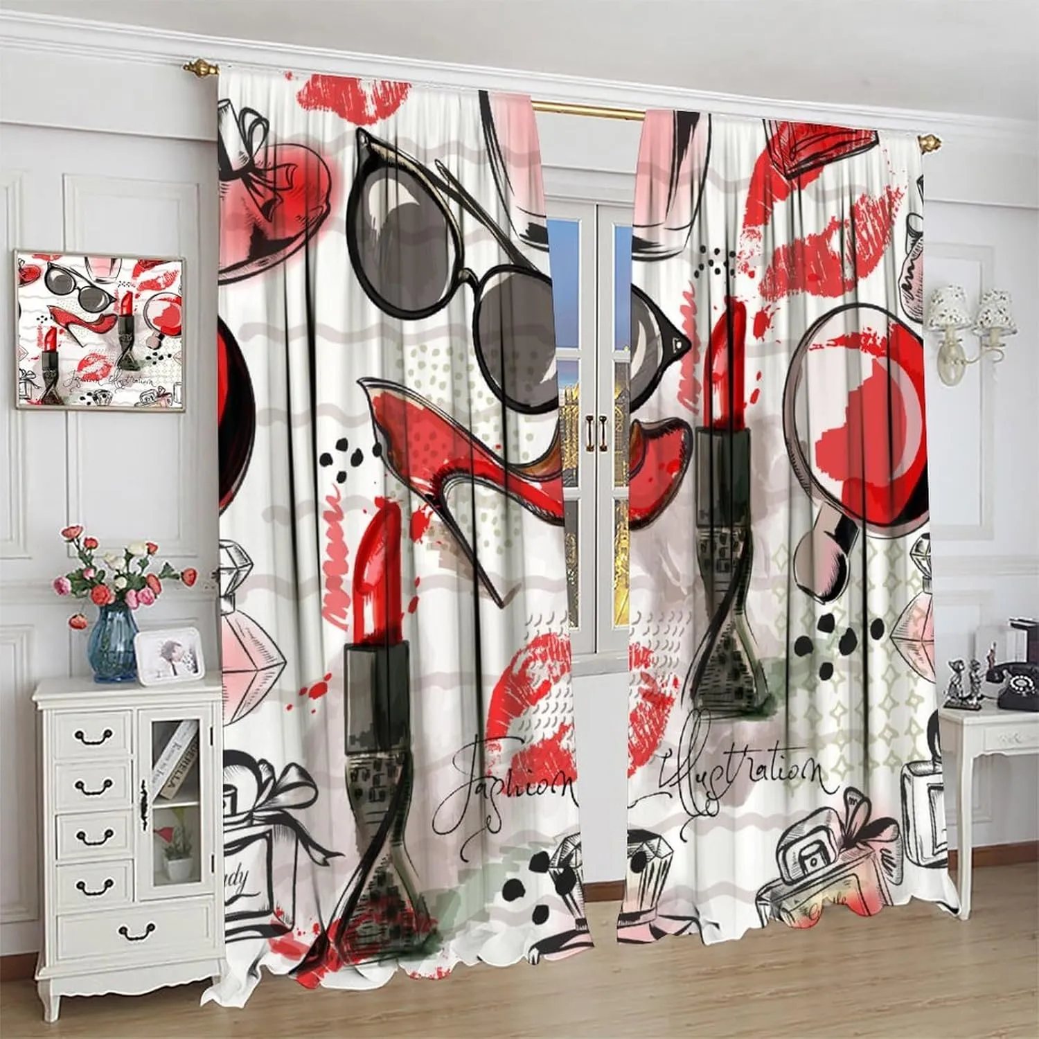 Fashion Makeup Curtains, Modern Hot Red Girly Cosmetics High Heels Lipstick Perfume Bottle Seamless Pattern Drapes, Blackout Rod Pocket Window Treatments for Living Room Bedroom Bathroom 42x45in
