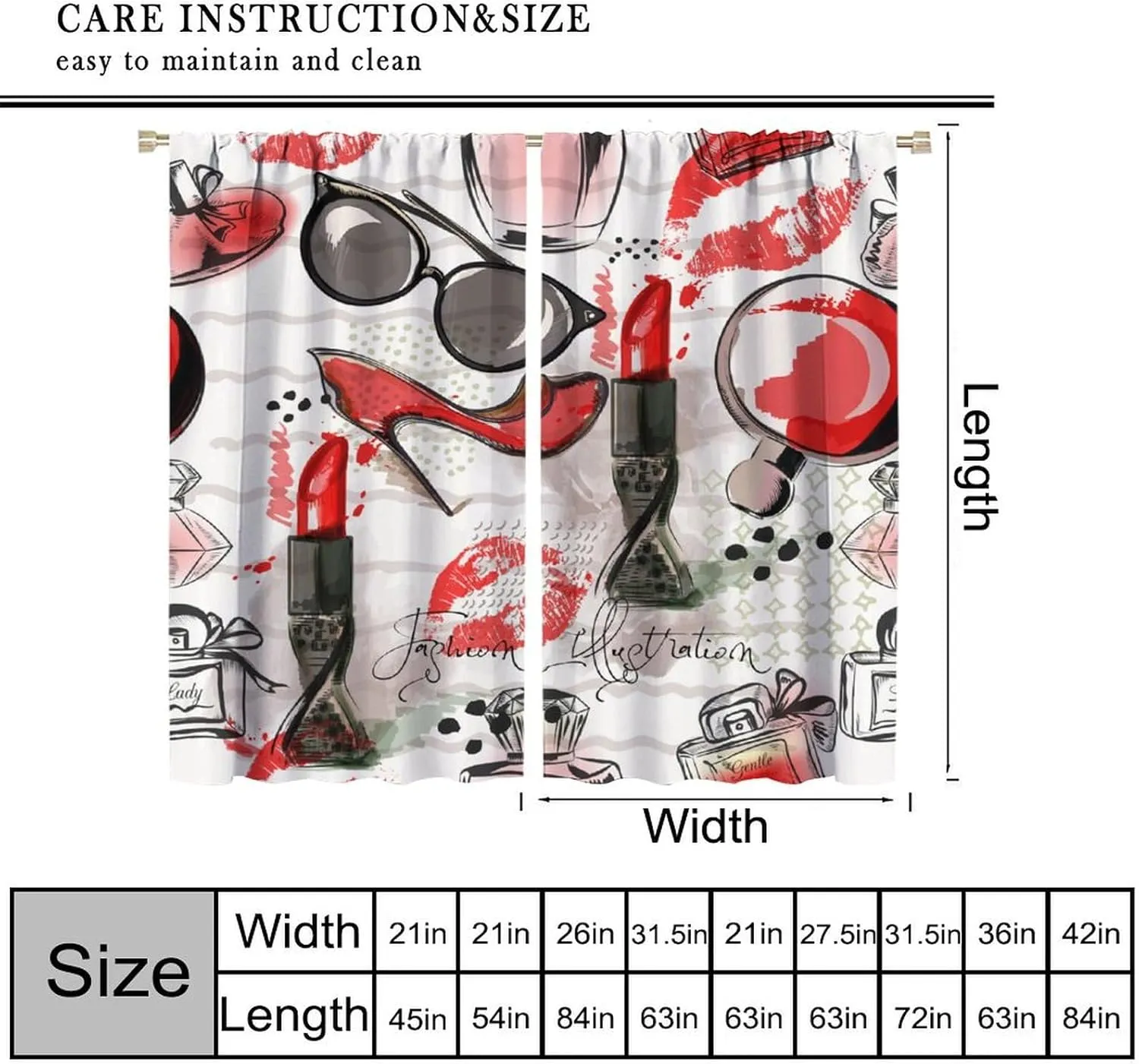 Fashion Makeup Curtains, Modern Hot Red Girly Cosmetics High Heels Lipstick Perfume Bottle Seamless Pattern Drapes, Blackout Rod Pocket Window Treatments for Living Room Bedroom Bathroom 42x45in