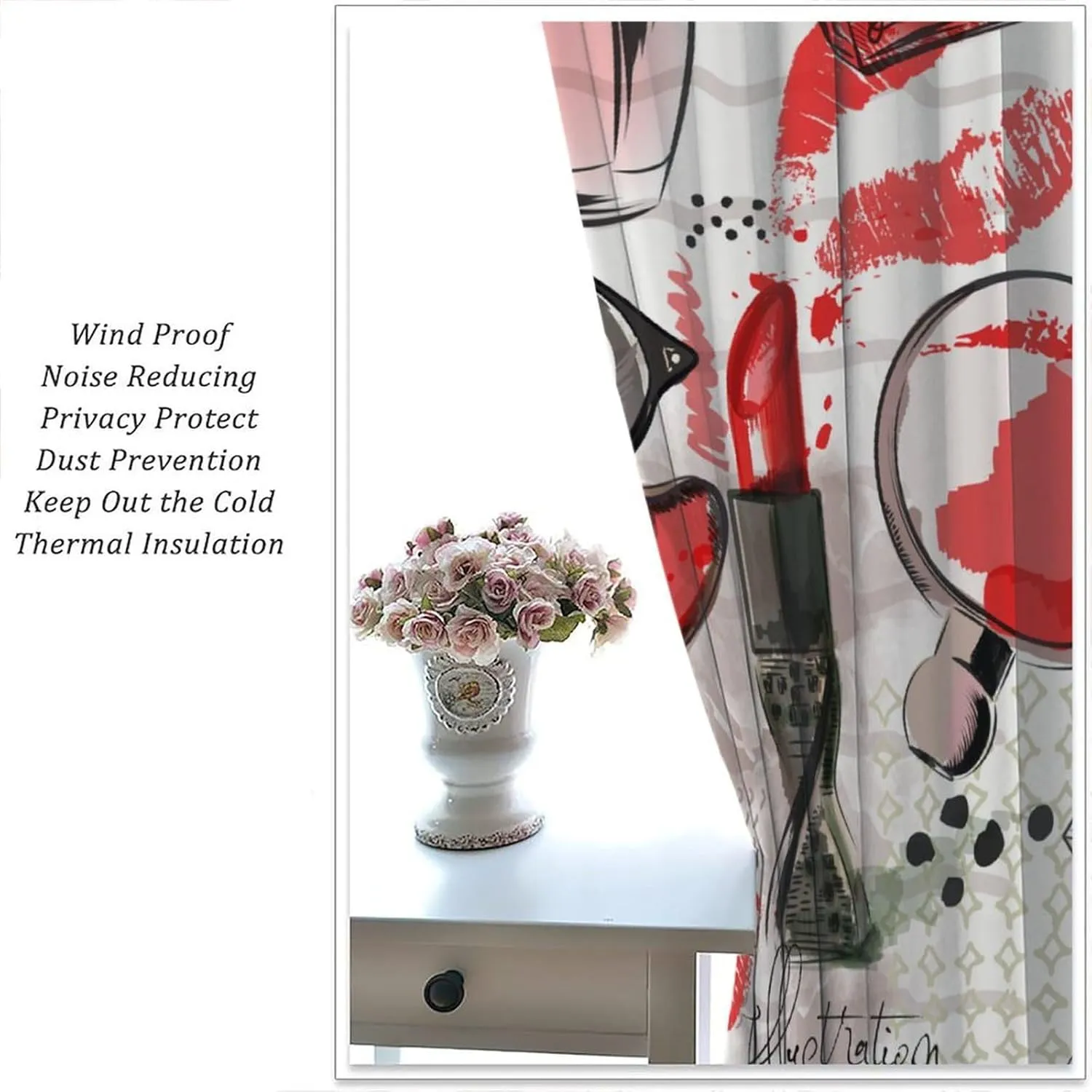 Fashion Makeup Curtains, Modern Hot Red Girly Cosmetics High Heels Lipstick Perfume Bottle Seamless Pattern Drapes, Blackout Rod Pocket Window Treatments for Living Room Bedroom Bathroom 42x45in