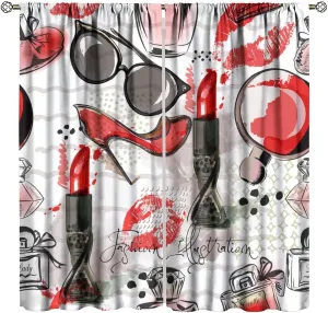 Fashion Makeup Curtains, Modern Hot Red Girly Cosmetics High Heels Lipstick Perfume Bottle Seamless Pattern Drapes, Blackout Rod Pocket Window Treatments for Living Room Bedroom Bathroom 42x45in