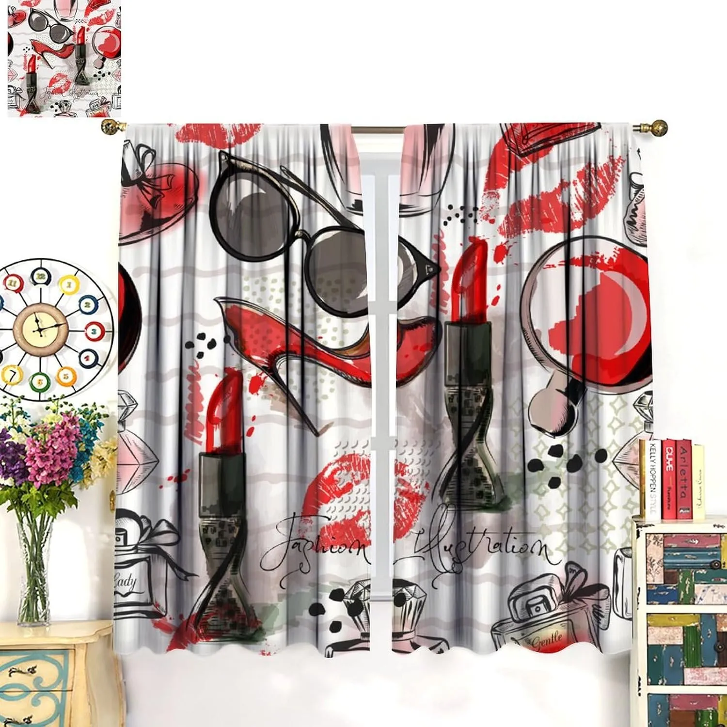 Fashion Makeup Curtains, Modern Hot Red Girly Cosmetics High Heels Lipstick Perfume Bottle Seamless Pattern Drapes, Blackout Rod Pocket Window Treatments for Living Room Bedroom Bathroom 42x45in