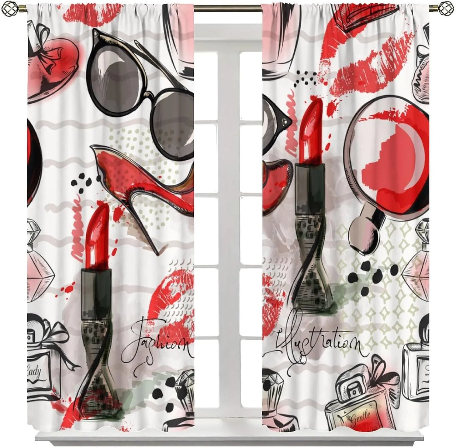 Fashion Makeup Curtains, Modern Hot Red Girly Cosmetics High Heels Lipstick Perfume Bottle Seamless Pattern Drapes, Blackout Rod Pocket Window Treatments for Living Room Bedroom Bathroom 42x45in