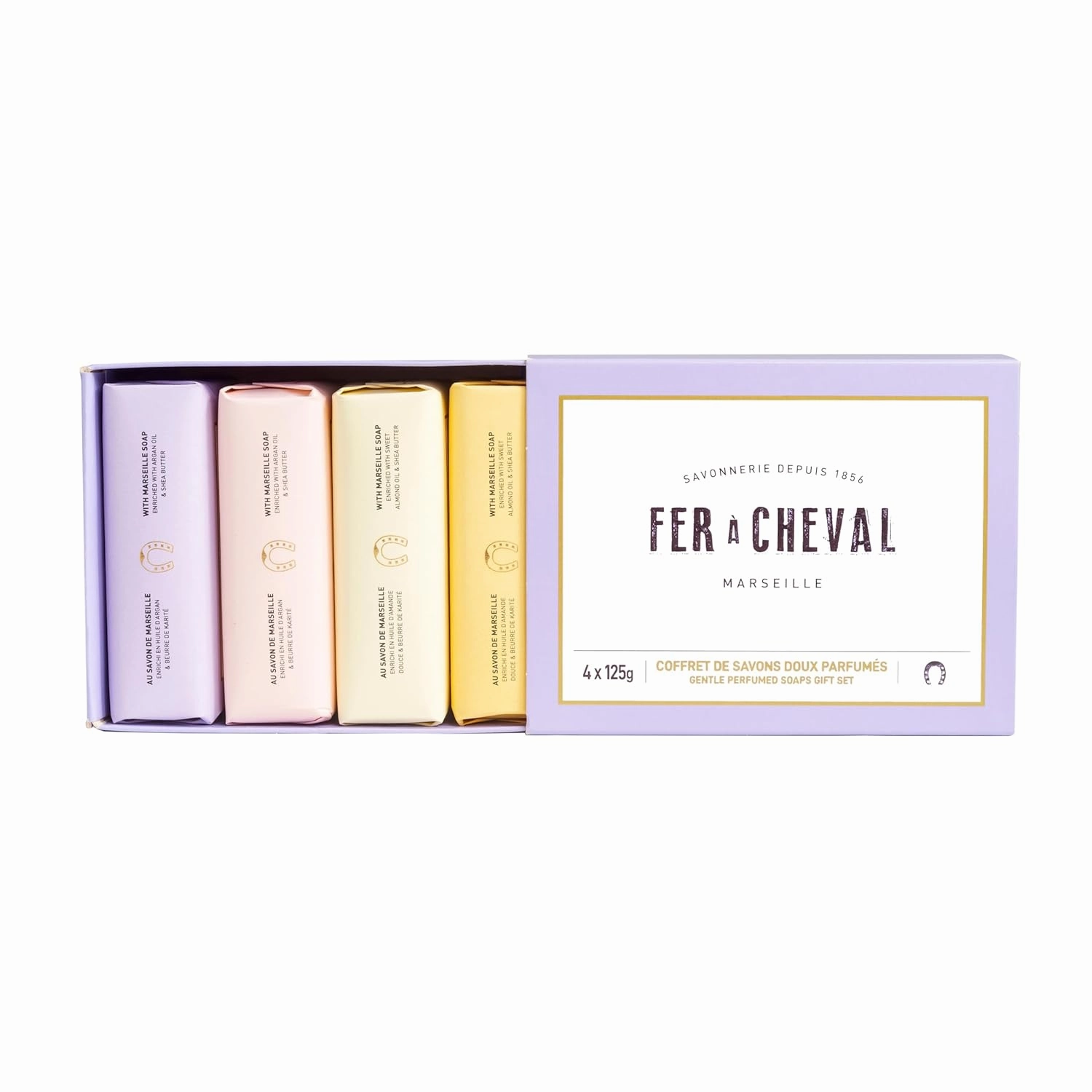 Fer à Cheval Gentle Perfumed Soaps Gift Set, 4x125g/4.41oz - Marseille Vegetable Soap with Shea Butter and Softening Oils