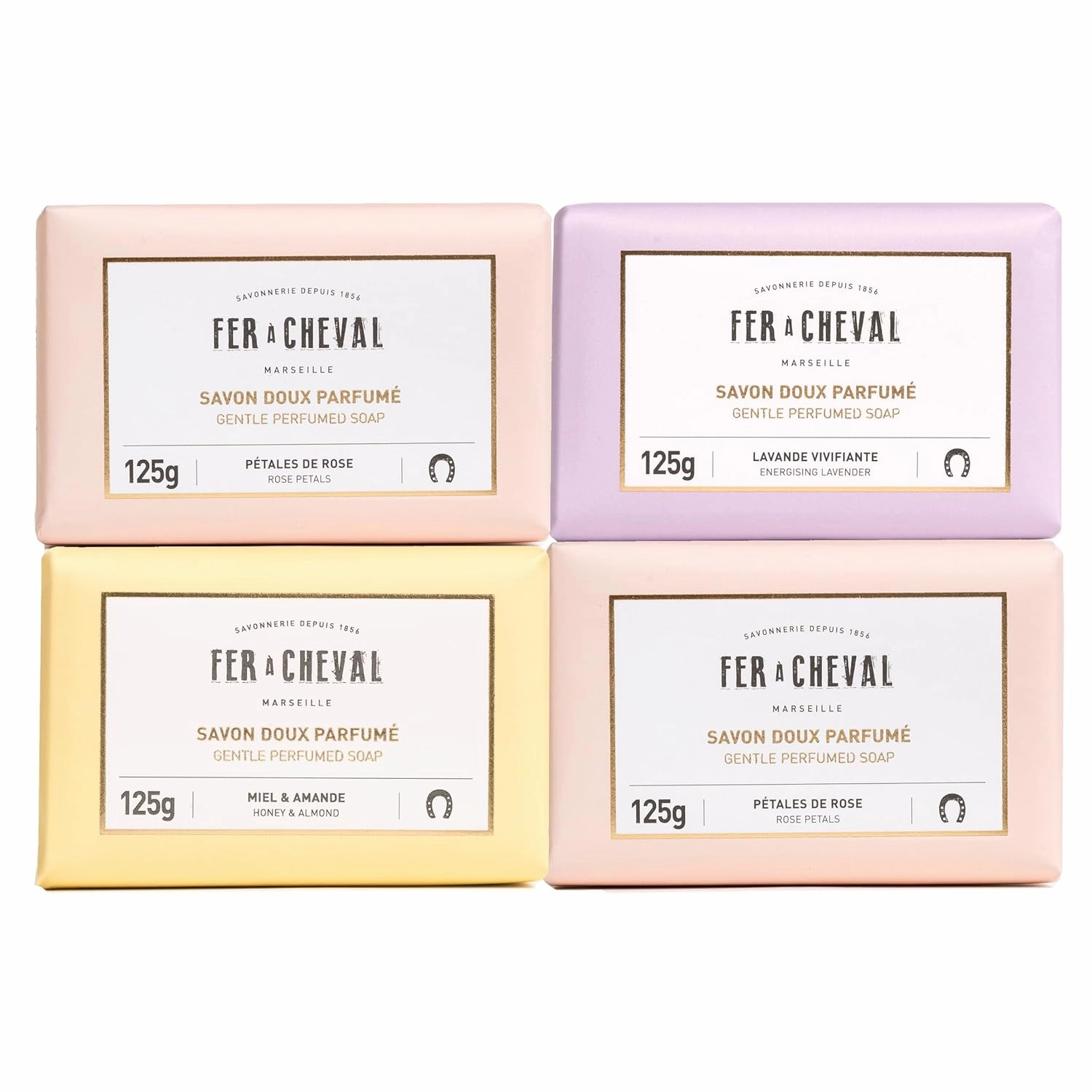 Fer à Cheval Gentle Perfumed Soaps Gift Set, 4x125g/4.41oz - Marseille Vegetable Soap with Shea Butter and Softening Oils
