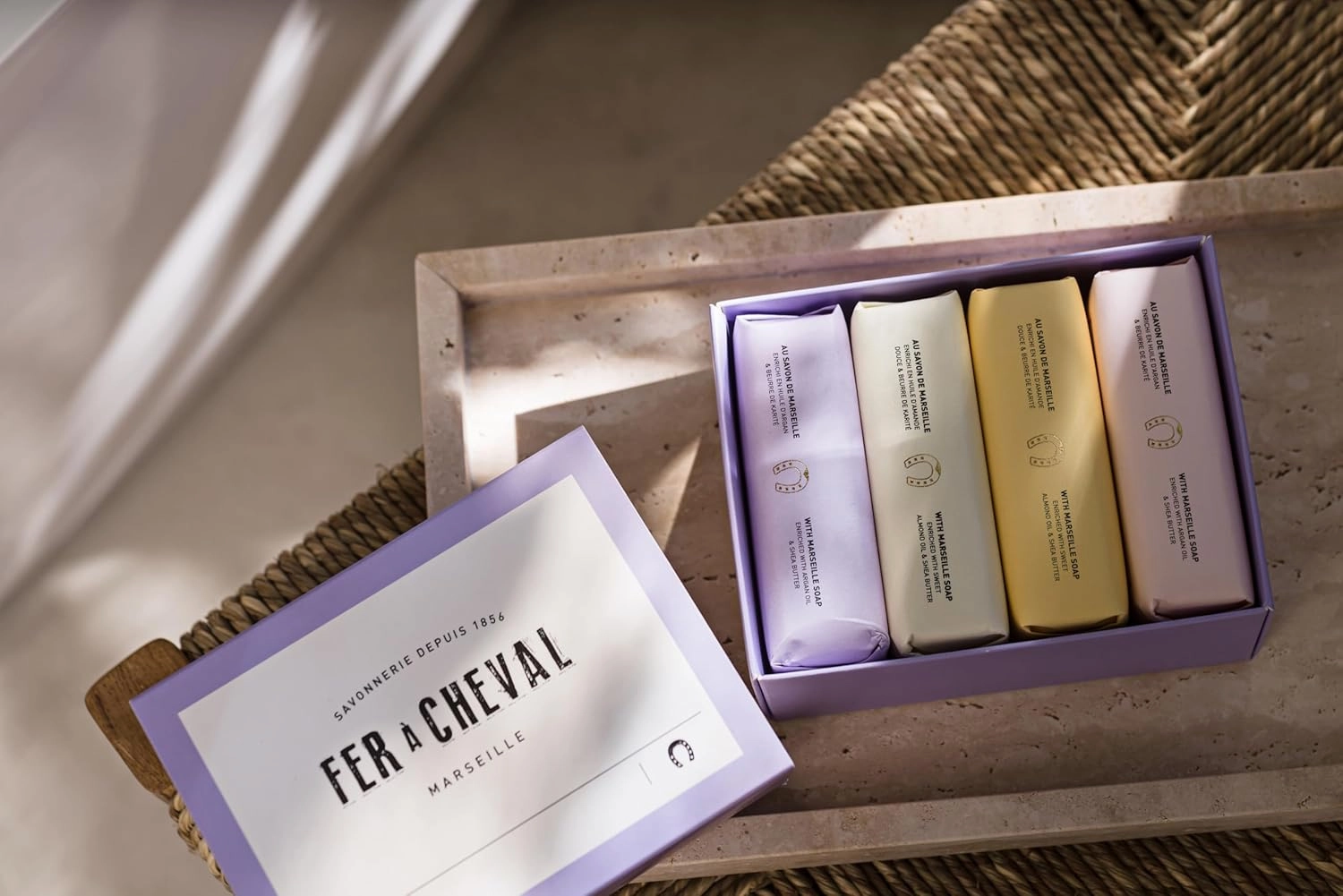 Fer à Cheval Gentle Perfumed Soaps Gift Set, 4x125g/4.41oz - Marseille Vegetable Soap with Shea Butter and Softening Oils