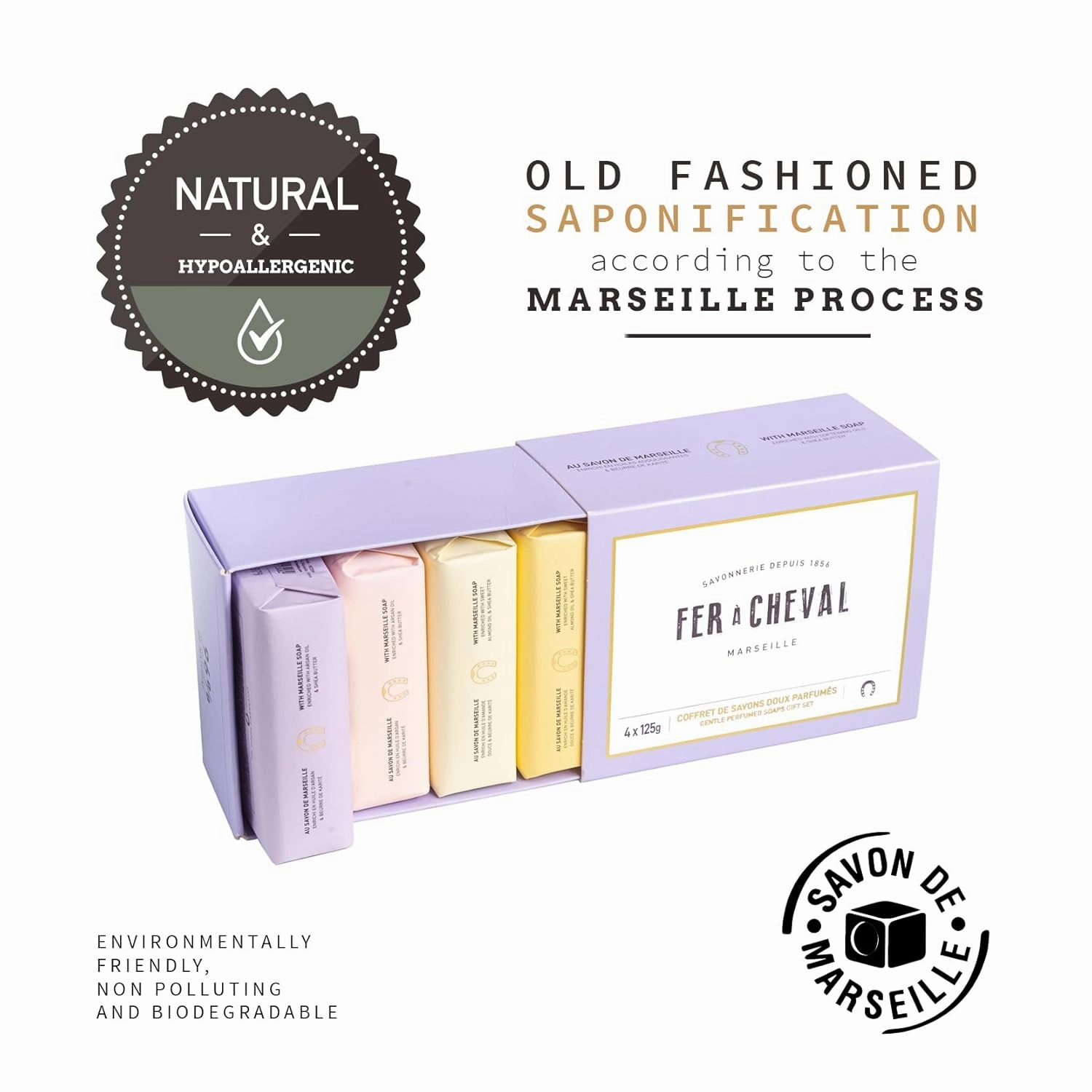 Fer à Cheval Gentle Perfumed Soaps Gift Set, 4x125g/4.41oz - Marseille Vegetable Soap with Shea Butter and Softening Oils