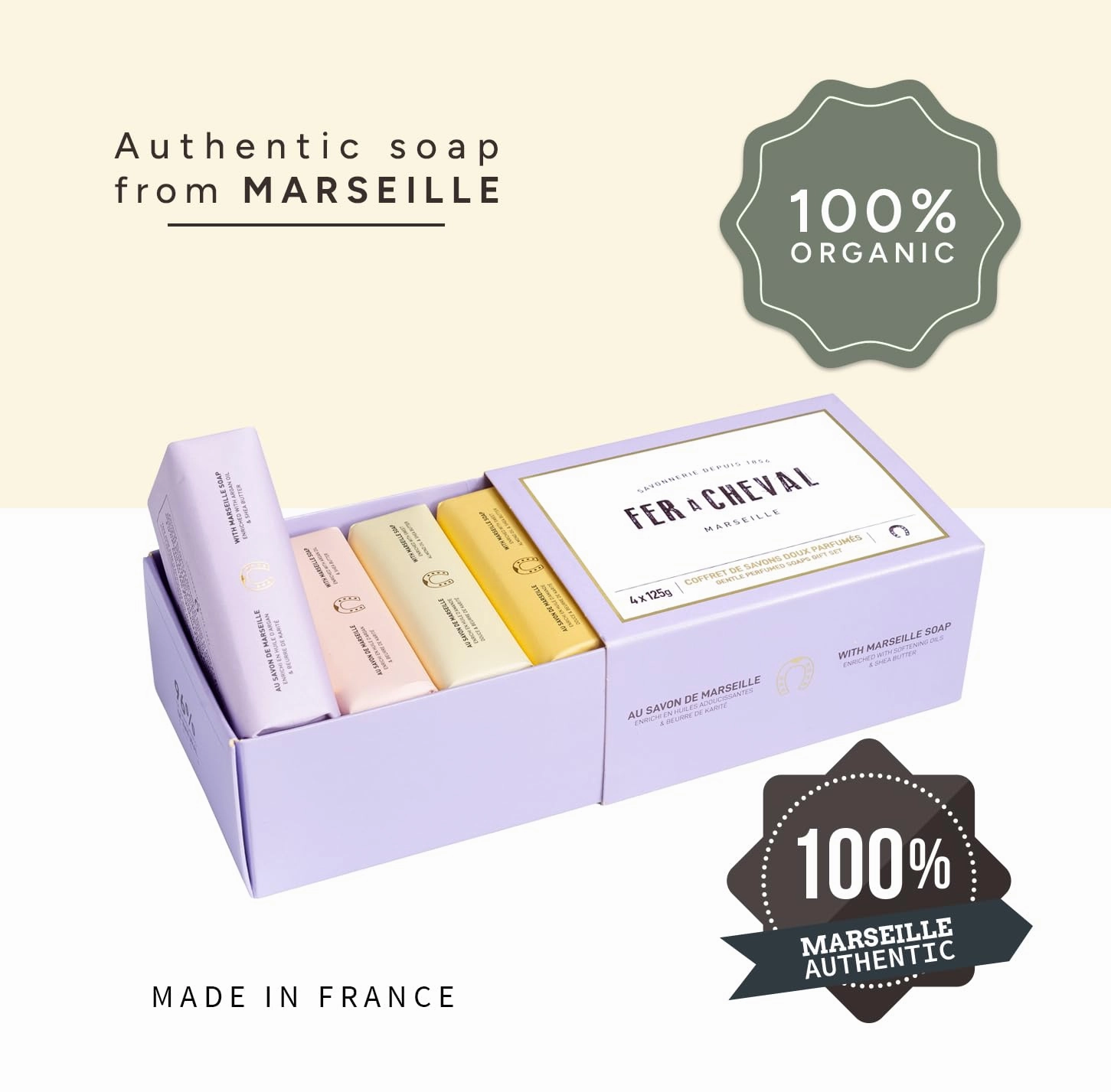 Fer à Cheval Gentle Perfumed Soaps Gift Set, 4x125g/4.41oz - Marseille Vegetable Soap with Shea Butter and Softening Oils
