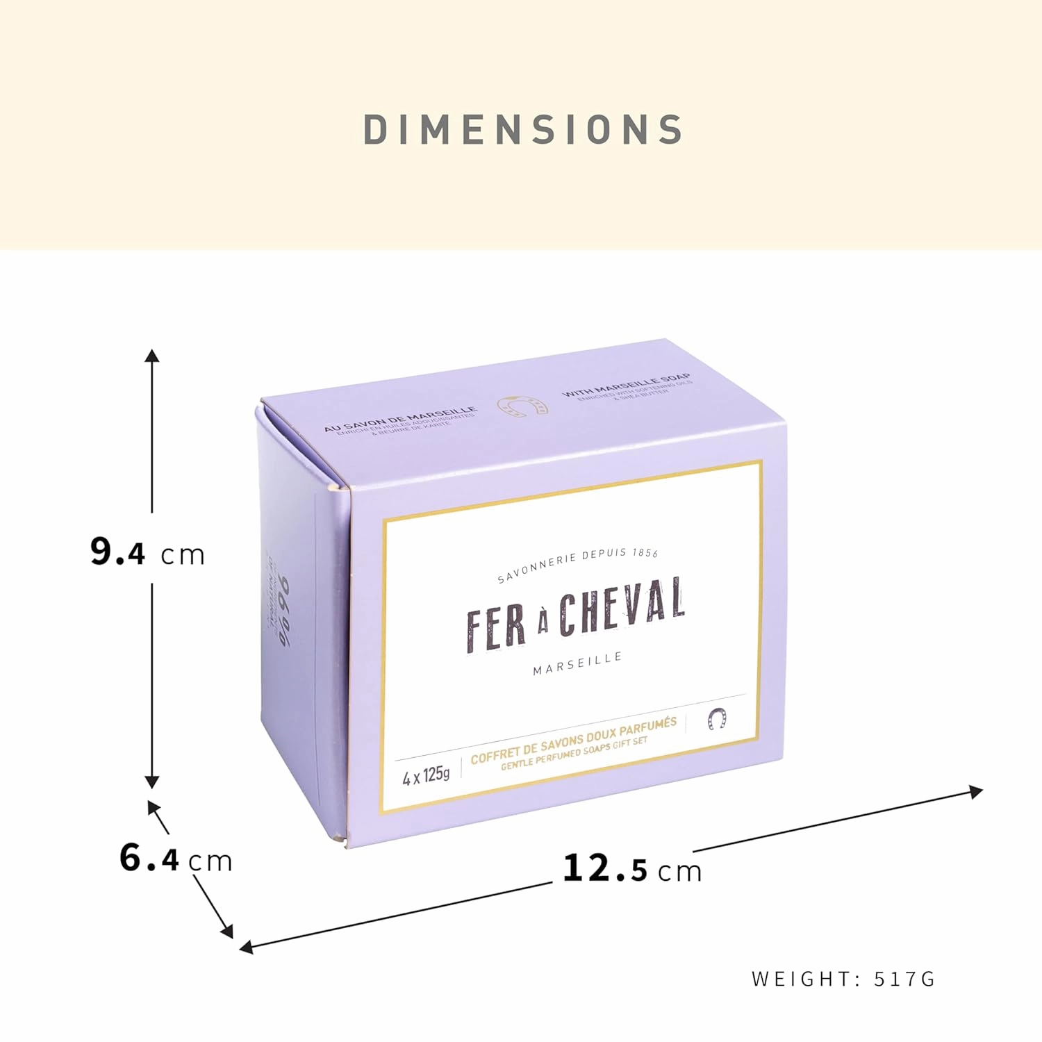 Fer à Cheval Gentle Perfumed Soaps Gift Set, 4x125g/4.41oz - Marseille Vegetable Soap with Shea Butter and Softening Oils
