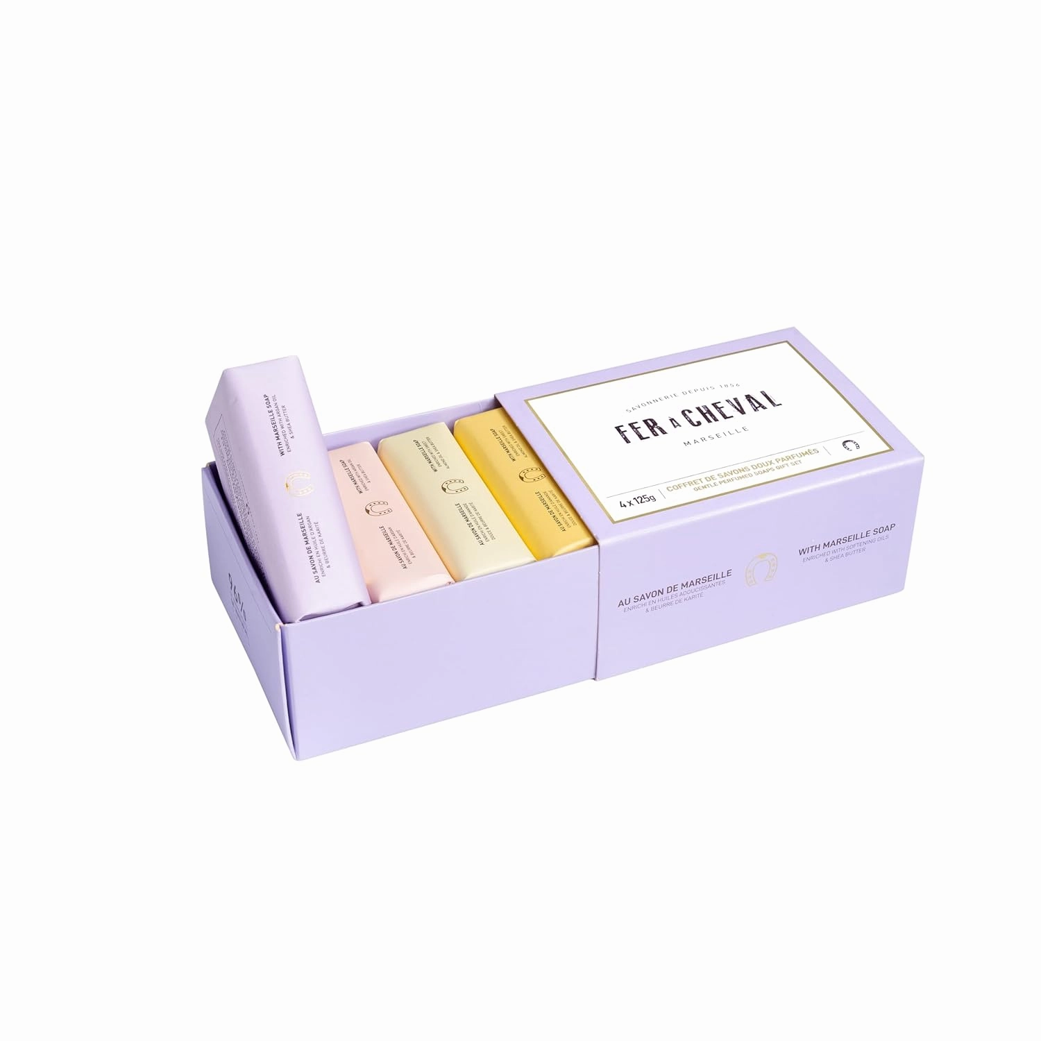 Fer à Cheval Gentle Perfumed Soaps Gift Set, 4x125g/4.41oz - Marseille Vegetable Soap with Shea Butter and Softening Oils