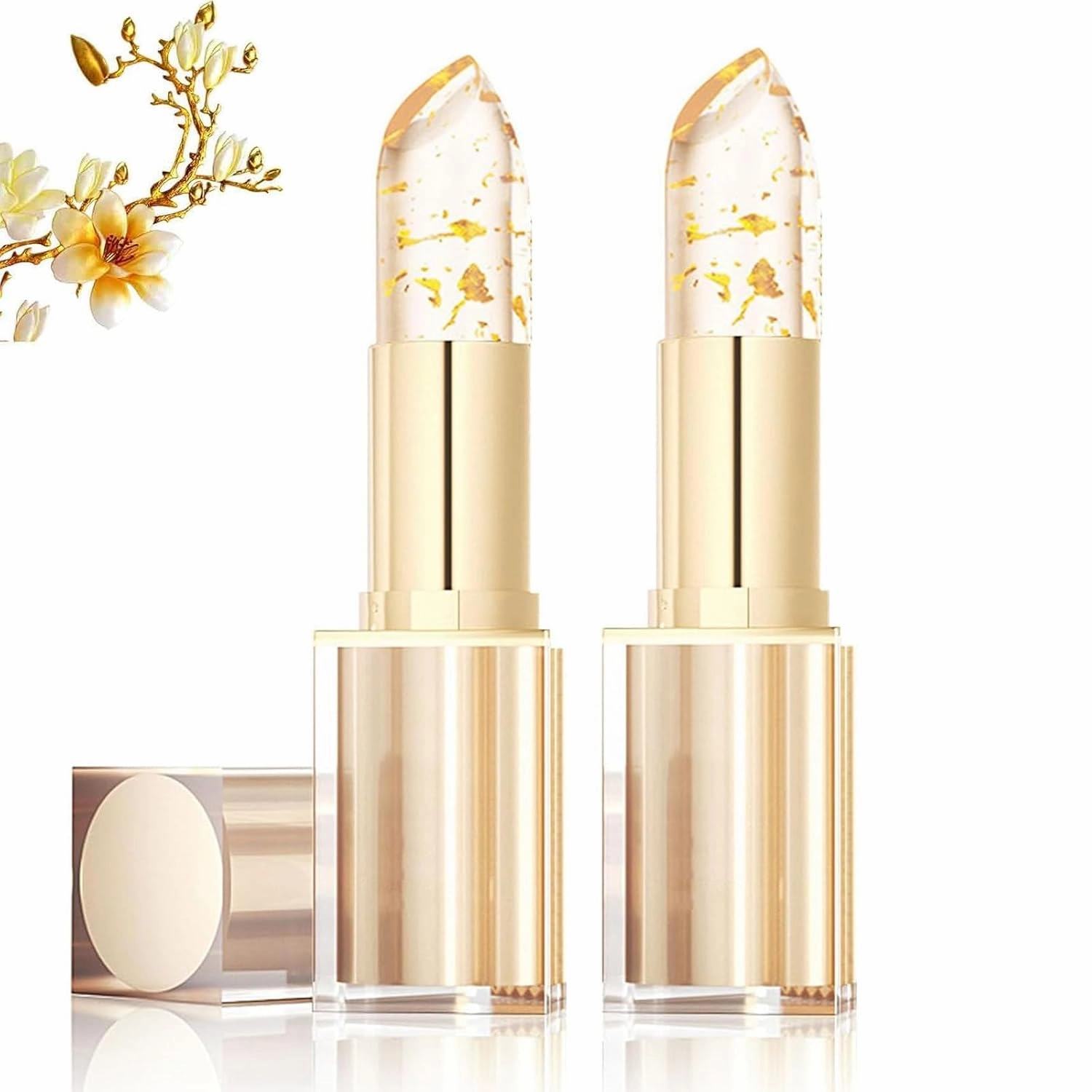 Filgaentrme Lipstick, Clear Lipstick That Changes Color, Transparente Transferproof Gold Crystal Color Changing Lip Stick, Hydrating Lip Tint Natural Non-Fading Lip Stick for Women (Gold, 2Pcs)