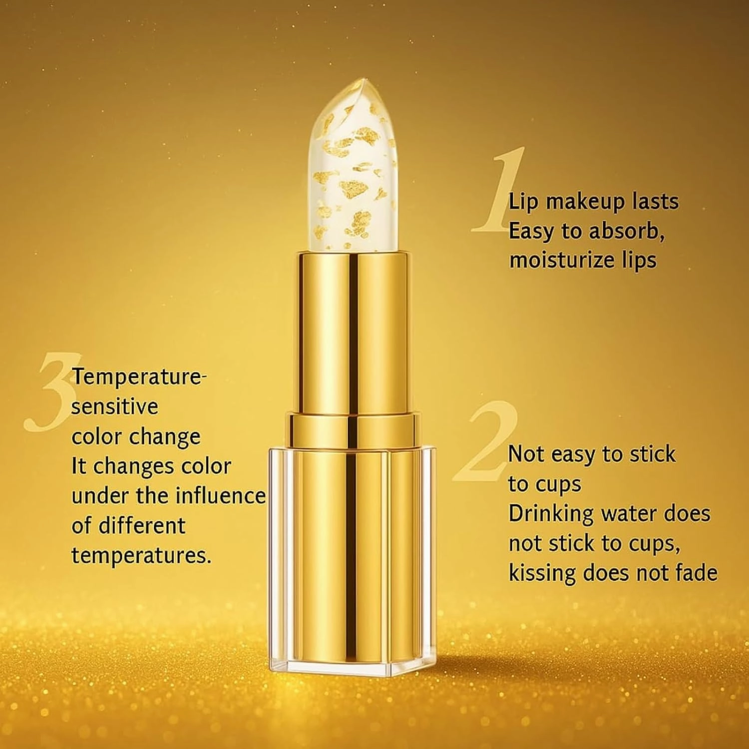 Filgaentrme Lipstick, Levora Color Changing Lipstick, Transferproof Gold Crystal Color Changing Lipsticks, PH Moisturizing Glossy Shine Lip Gloss for Women (2Set)