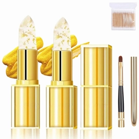 Filgaentrme Lipstick, Levora Color Changing Lipstick, Transferproof Gold Crystal Color Changing Lipsticks, PH Moisturizing Glossy Shine Lip Gloss for Women (2Set)