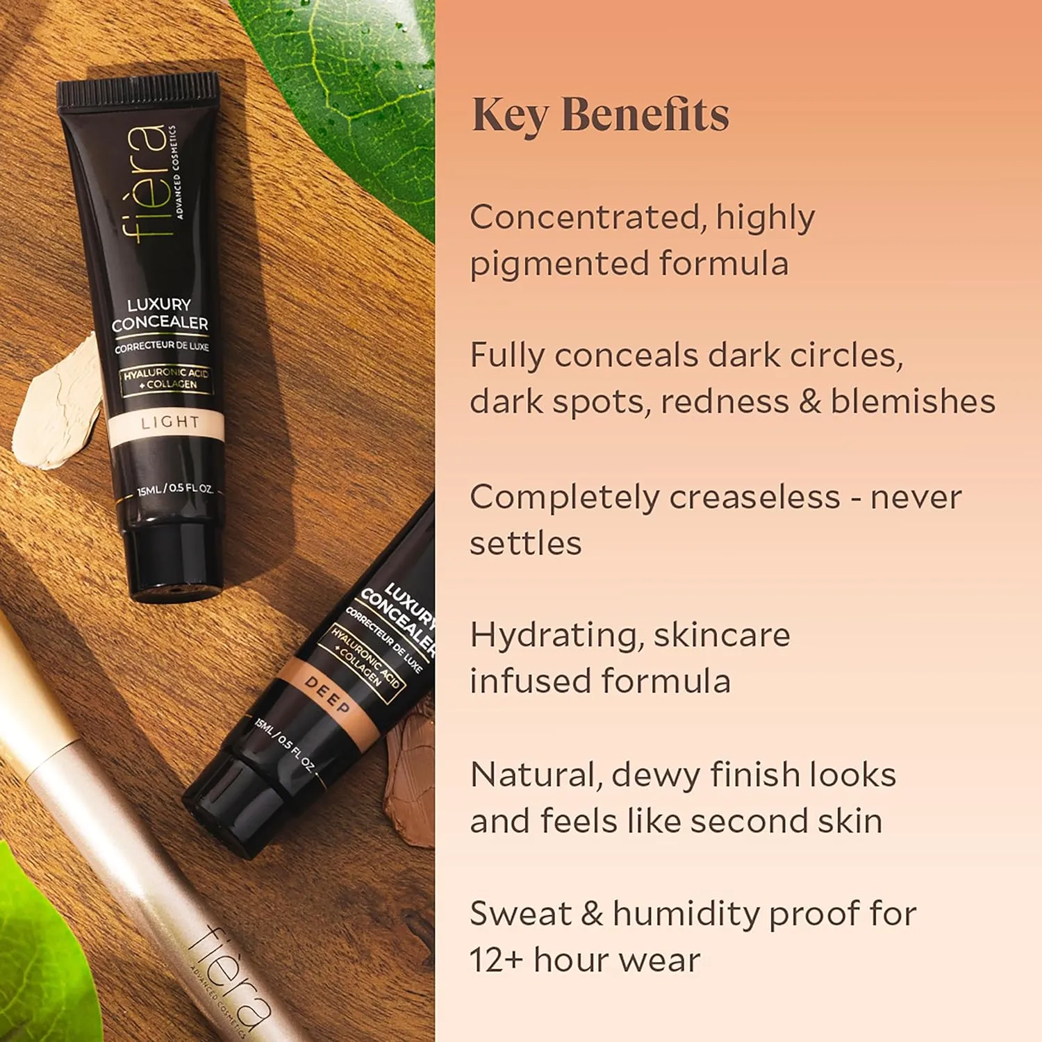 Fièra Luxury Concealer & Foundation with Anti-Aging Ingredients - Full Coverage for Dark Circles, Wrinkles, Fine Lines, and Spots, All-Day Wear For Mature Skin - Caramel, 0.5 FL. OZ. / 15 ML