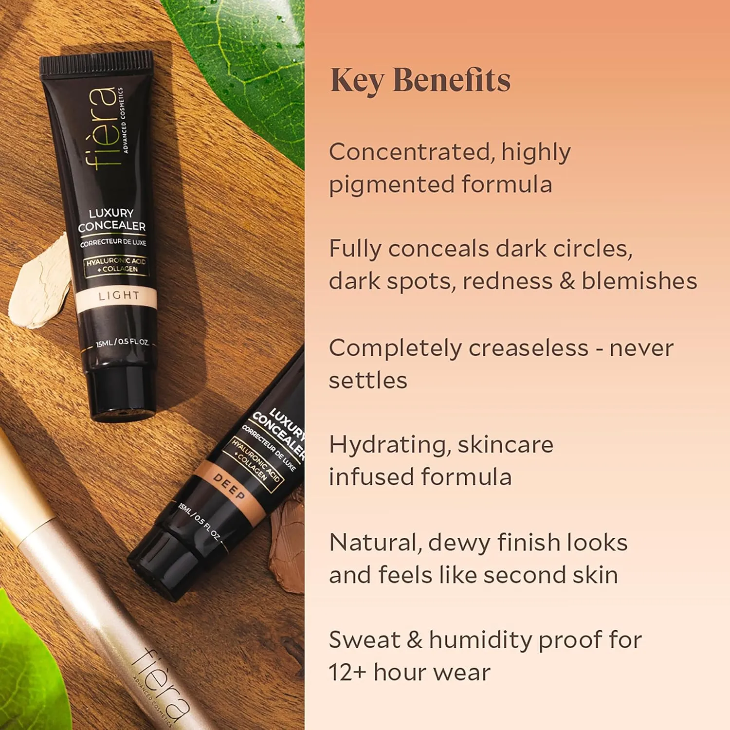 Fièra Luxury Concealer & Foundation with Anti-Aging Ingredients - Full Coverage for Dark Circles, Wrinkles, Fine Lines, and Spots, All-Day Wear For Mature Skin - Caramel, 0.5 FL. OZ. / 15 ML