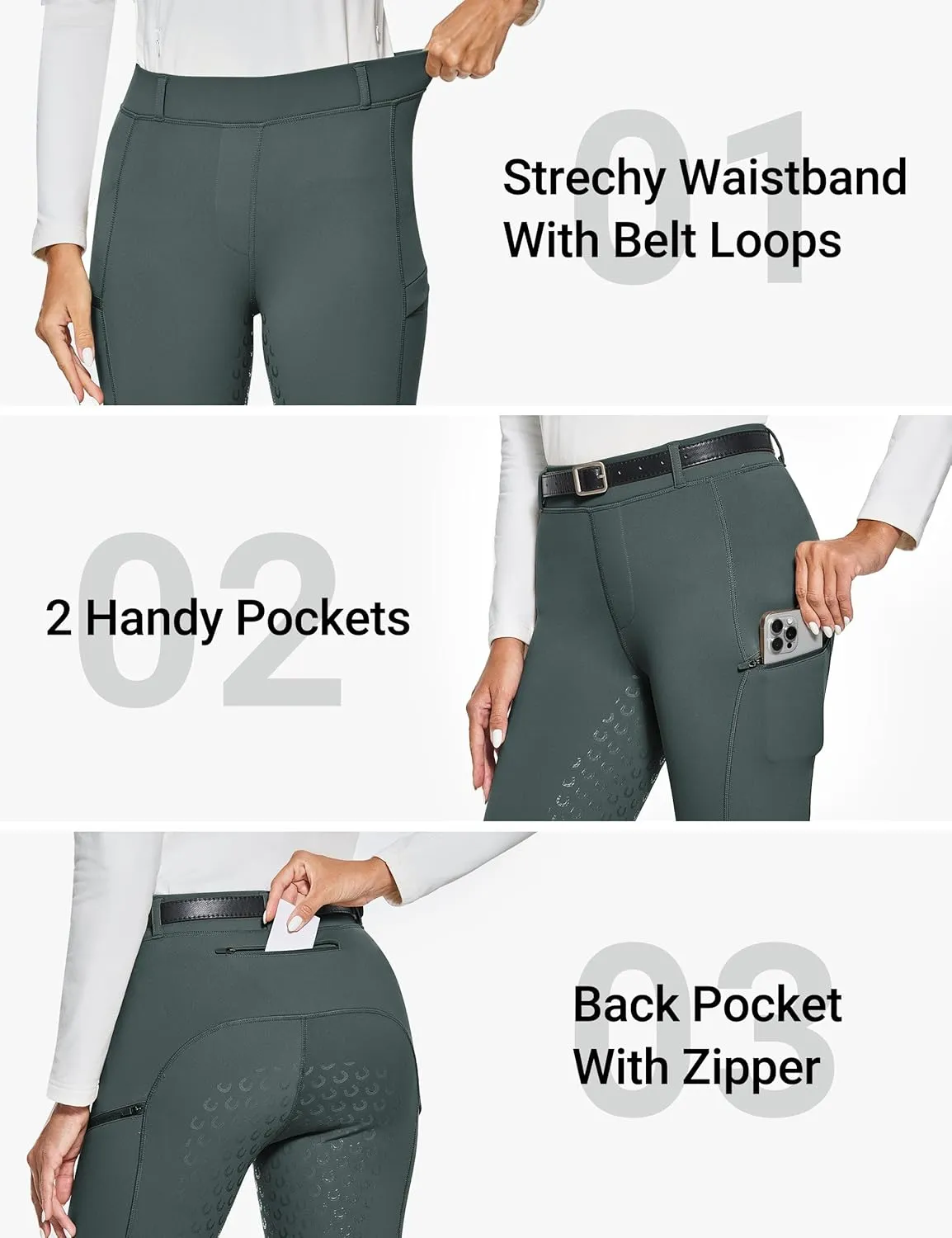 FitsT4 Sports Women's Winter Horse Riding Pants with Zipper Pockets Full Seat Riding Tights Fleece Lined Equestrian Breeches