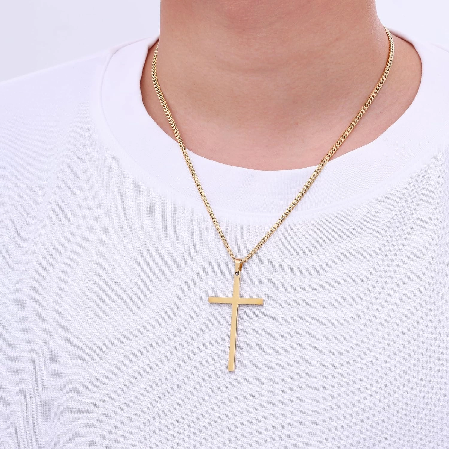 Fiusem Cross Necklace for Men and Women, Gold Plated Mens Cross Necklaces with 3.5mm Cuban Chain, Stainless Steel Pendant Chain 16-24 Inches