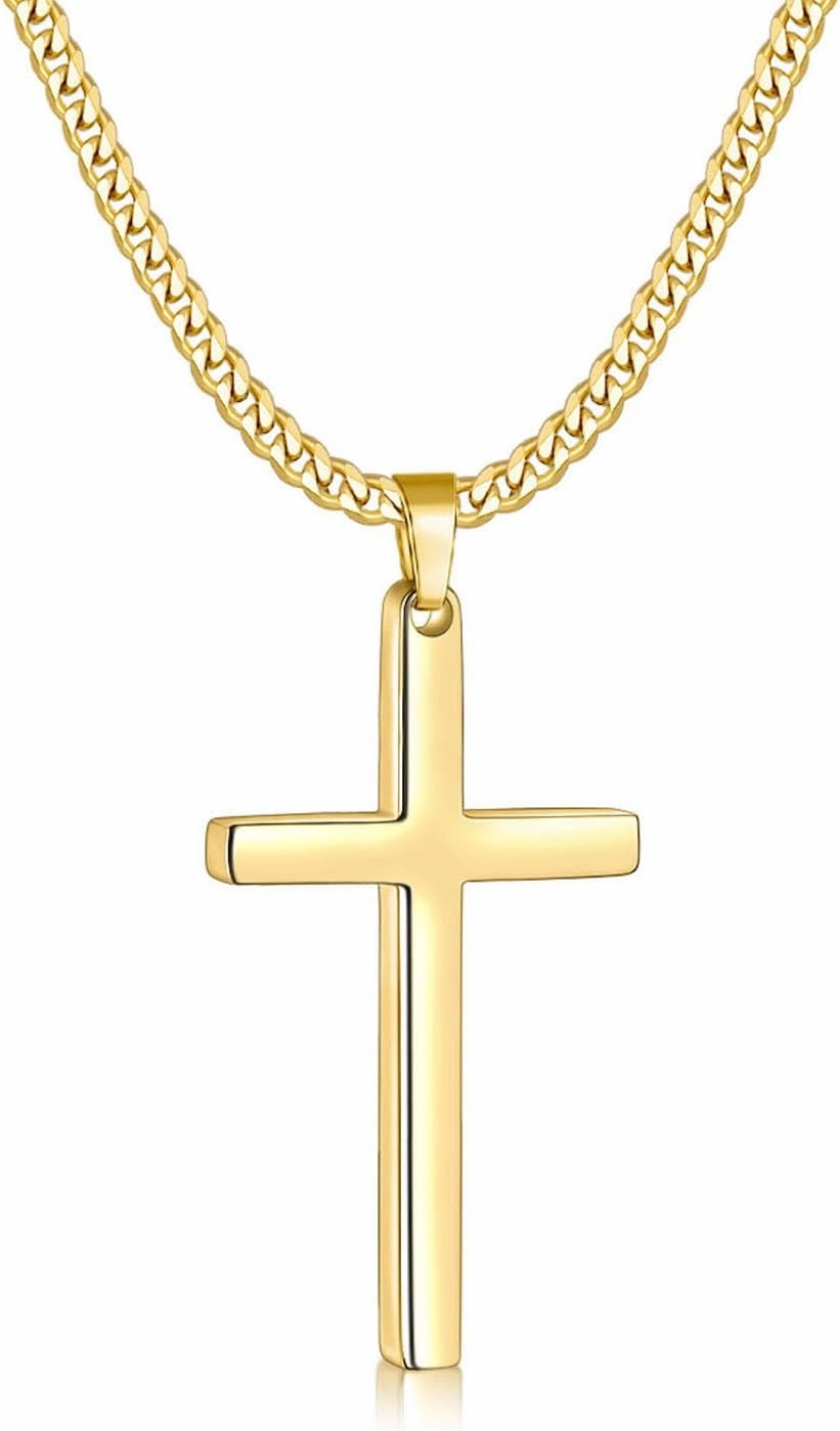 Fiusem Cross Necklace for Men and Women, Gold Plated Mens Cross Necklaces with 3.5mm Cuban Chain, Stainless Steel Pendant Chain 16-24 Inches